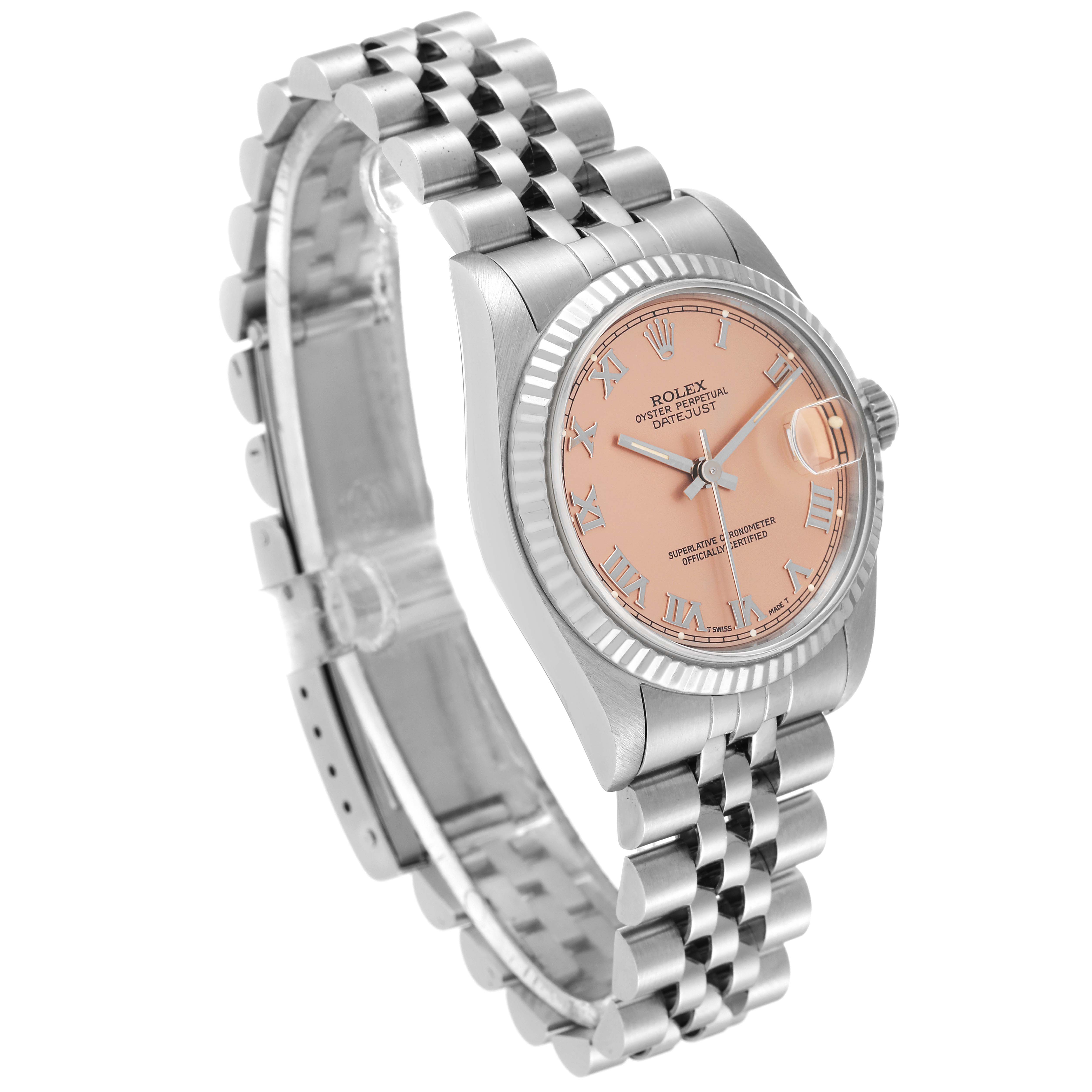 This Rolex Mid-Size 68274 Women
s Stainless Steel Pink Dial 68274 Women
s Stainless Steel Pink Dial model is shown at an angled view, displaying its pink dial, stainless steel case, and jubilee bracelet.