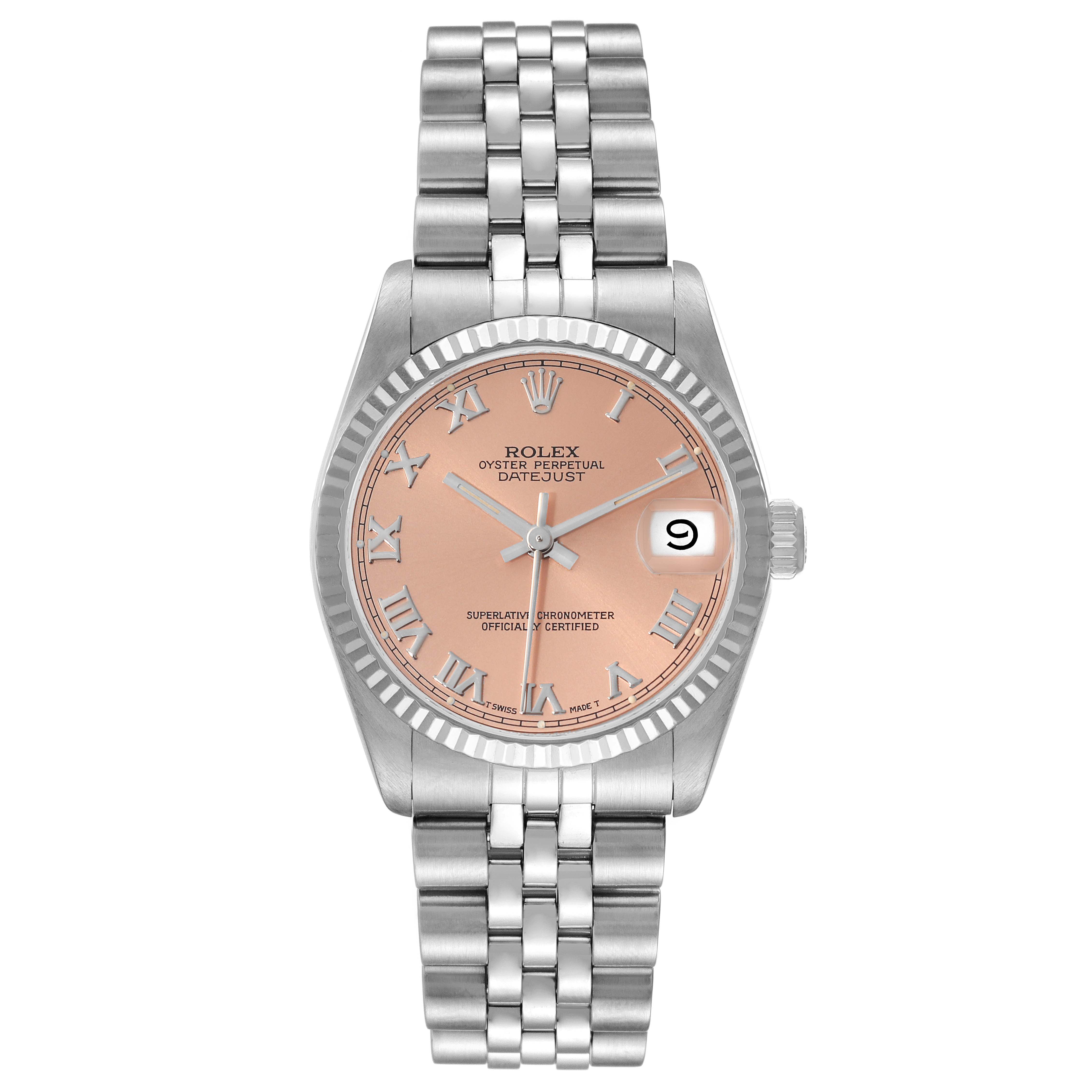 The image shows a front view of a Rolex Oyster Perpetual Datejust Mid-Size watch, highlighting its bracelet, bezel, and dial.