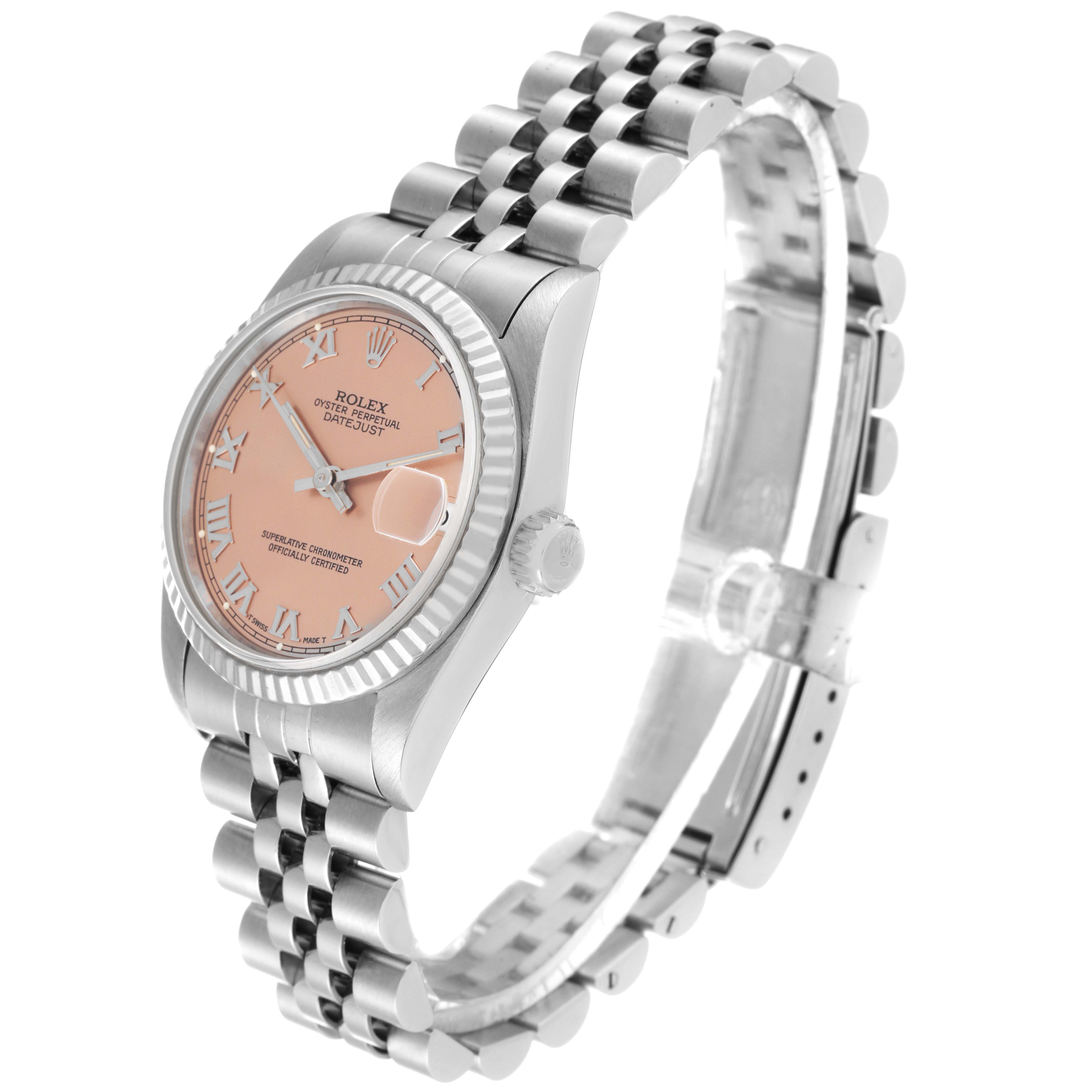 This image shows a Rolex Mid-Size 68274 Women
s Stainless Steel Pink Dial 68274 Women
s Stainless Steel Pink Dial watch angled to highlight the face, bezel, and Jubilee bracelet.
