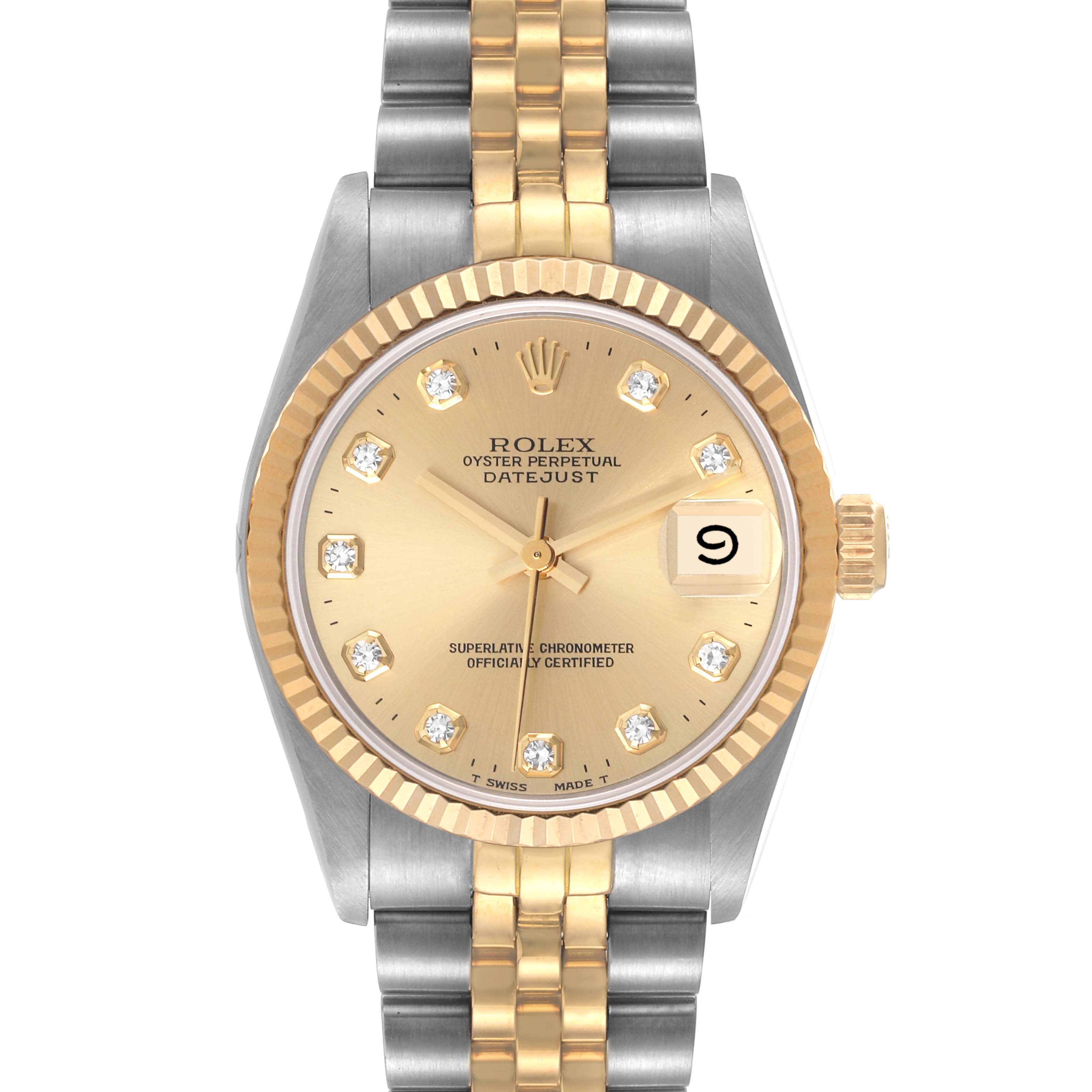 The image shows a Mid-Size Rolex Oyster Perpetual Datejust watch with a gold dial, diamond hour markers, and a two-tone bracelet from a front angle.