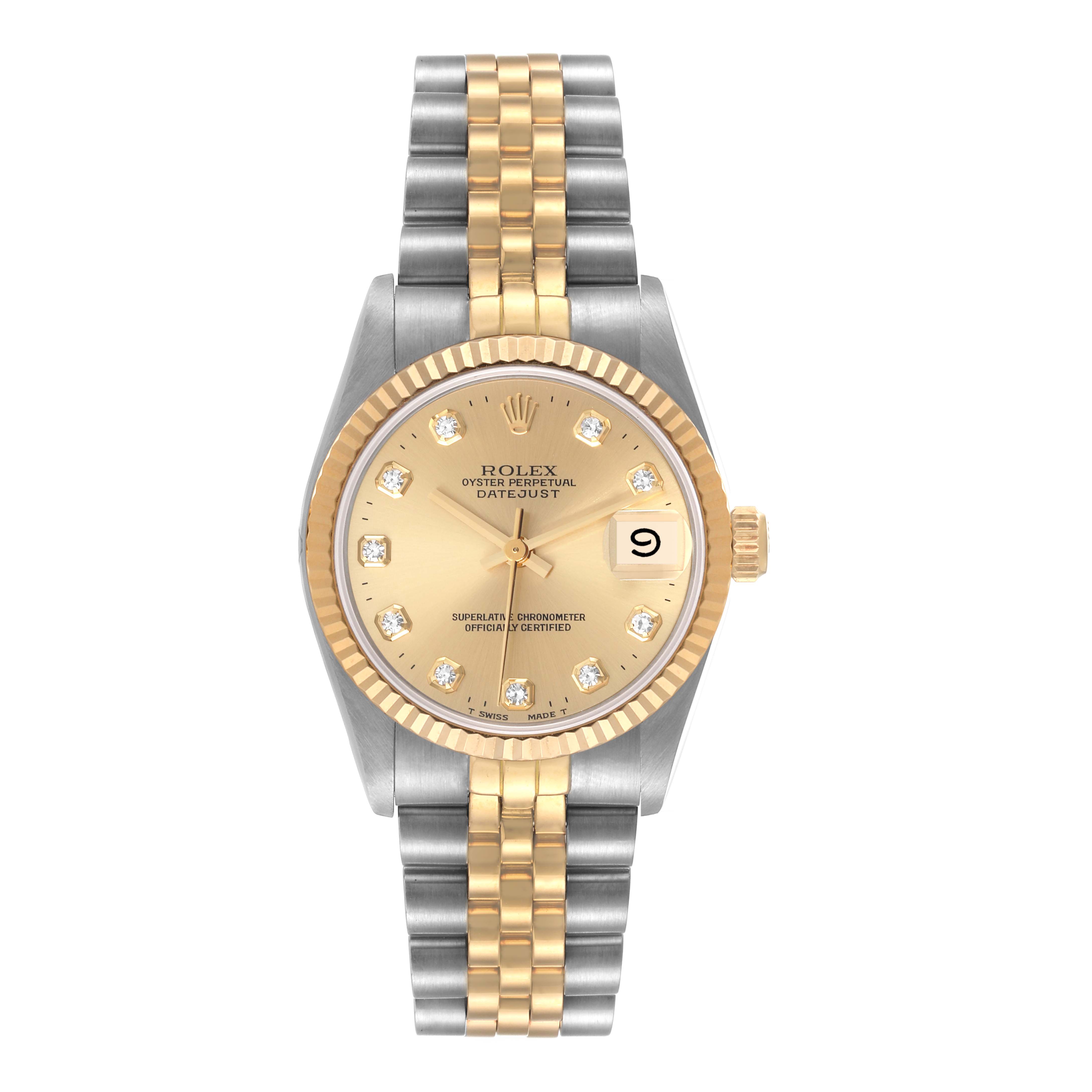 The Rolex Mid-Size 68273 Women
s Steel and Gold (two tone) Champagne Dial 68273 Women
s Steel and Gold (two tone) Champagne Dial Oyster Perpetual Datejust is shown from a front angle, displaying its dial, bezel, and bracelet.
