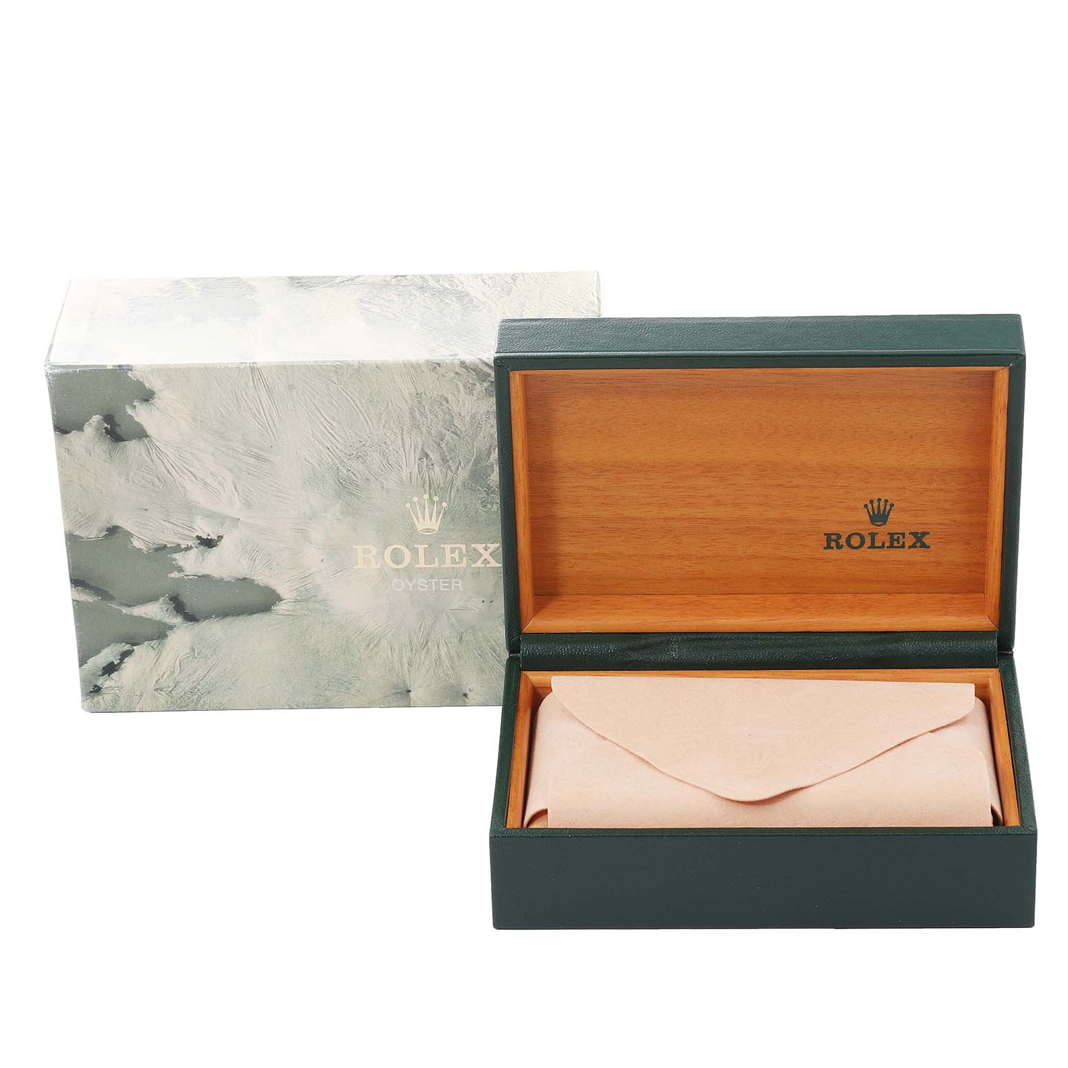 The image shows an open Rolex Oyster wooden watch box with a Rolex cardboard outer box.