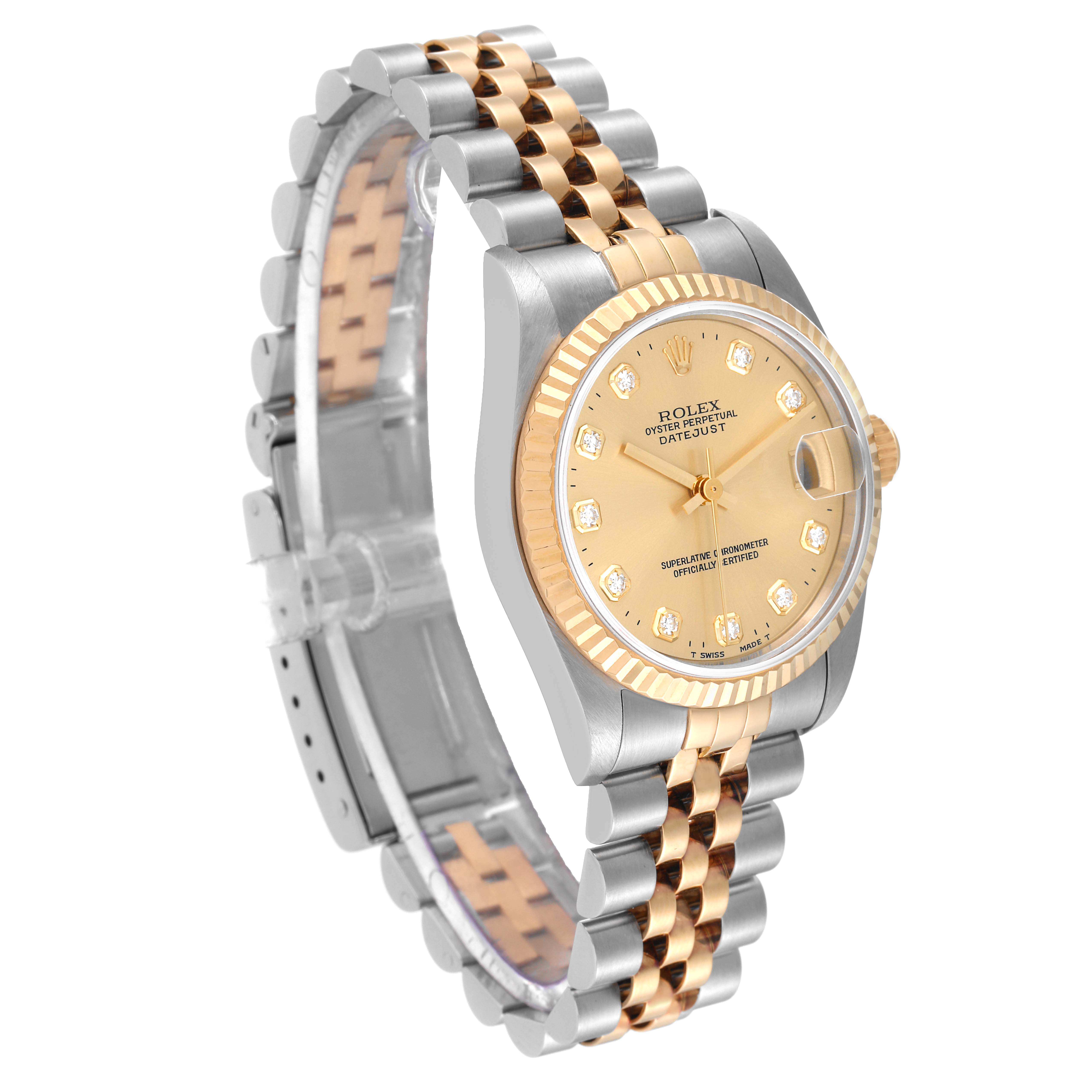 The image shows a mid-size Rolex Datejust watch at an angled front view, displaying its dial, bezel, and Jubilee bracelet.