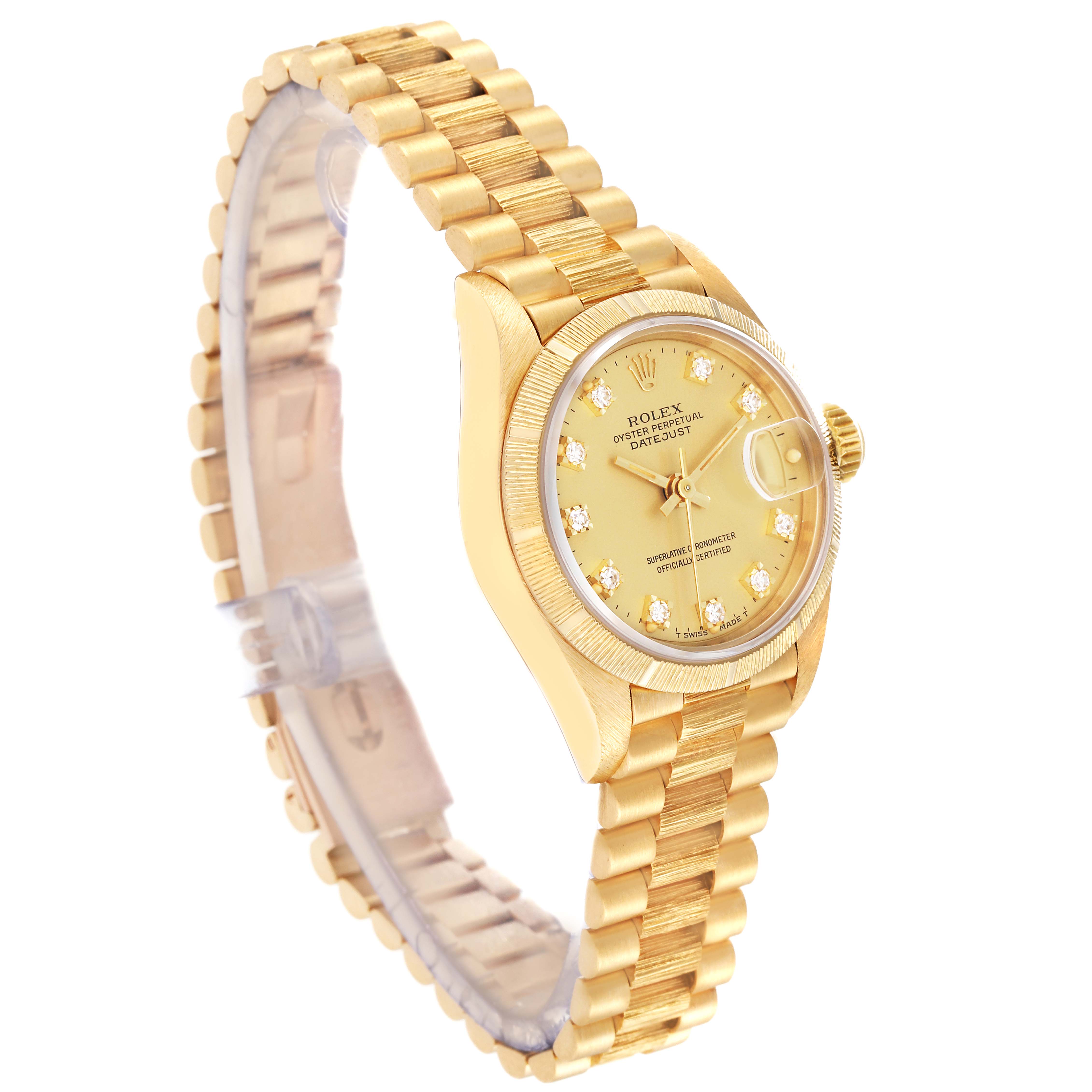 The image shows a side angle of a Rolex President 69278G Women
s Yellow Gold Champagne Dial 69278G Women
s Yellow Gold Champagne Dial model, highlighting the watch face, bezel, and bracelet.