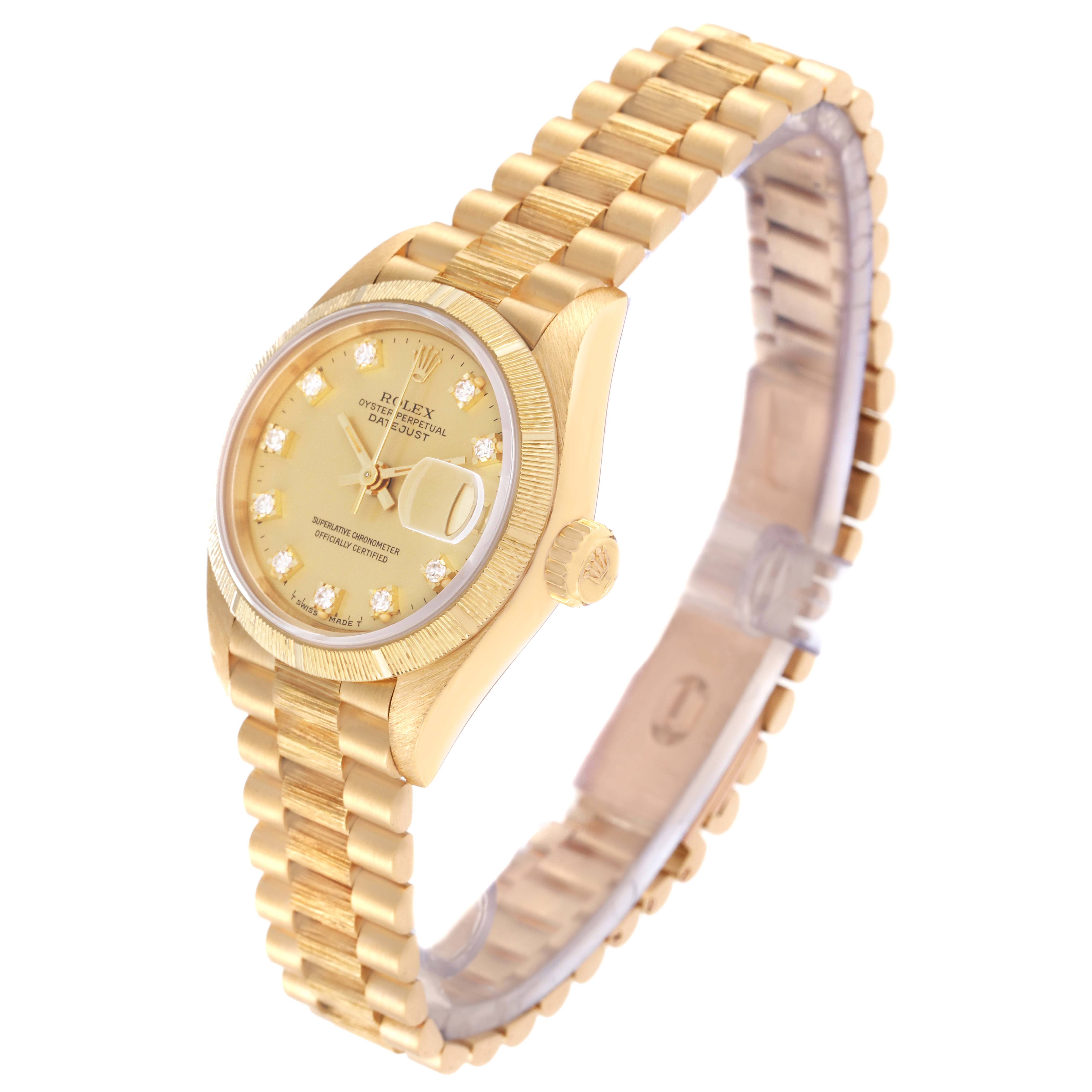 The image shows a gold Rolex President 69278G Women
s Yellow Gold Champagne Dial 69278G Women
s Yellow Gold Champagne Dial model watch at a 3/4 angle, highlighting the bracelet, dial, and side profile.