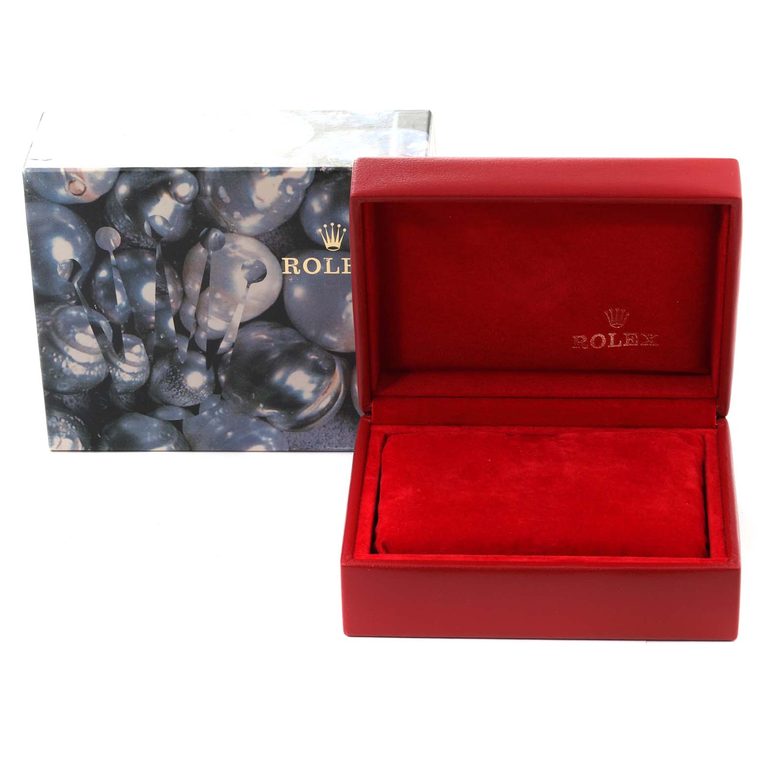 The image shows an open red Rolex watch box with a cushioned interior, and a decorative outer box behind it.