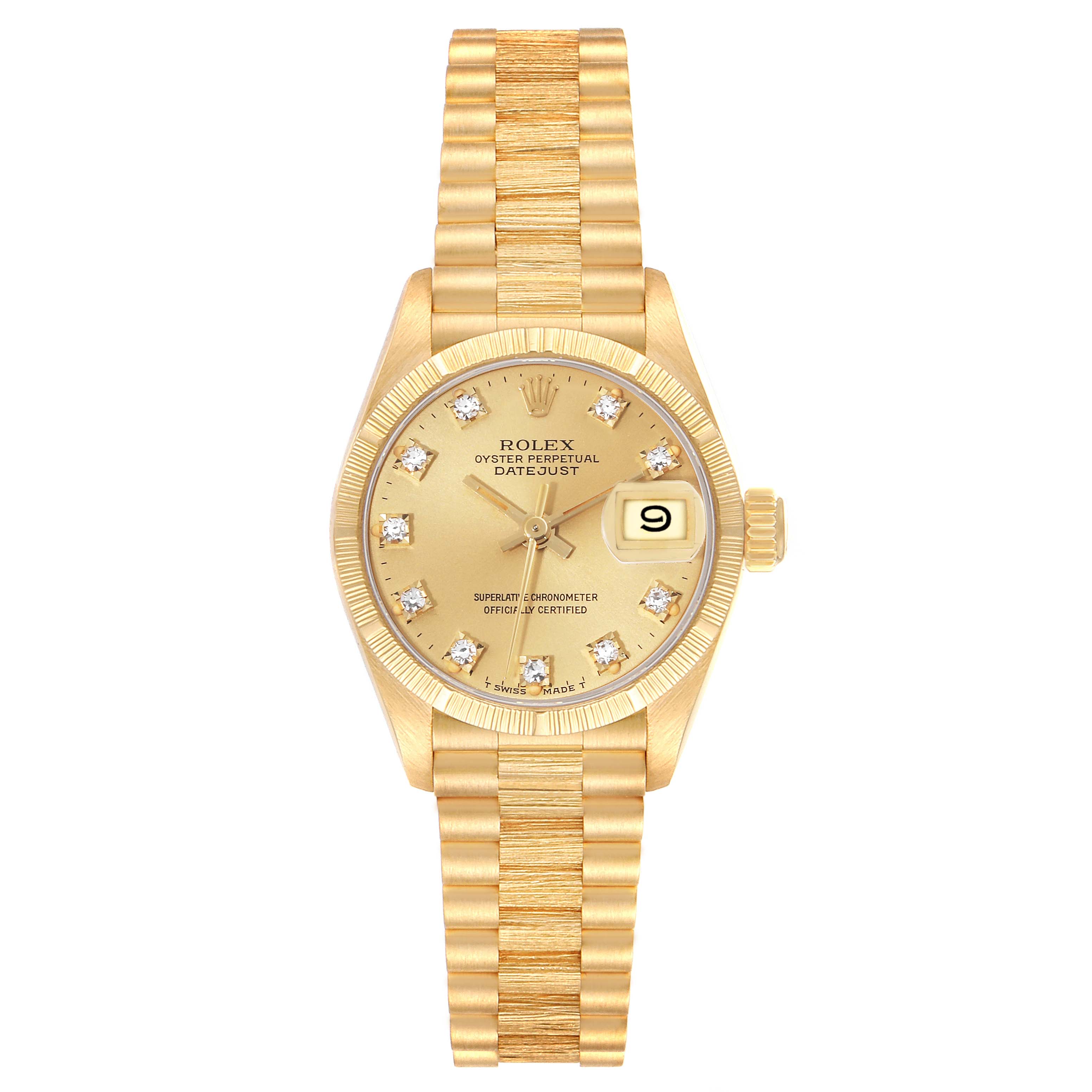 This image shows the front view of a Rolex President 69278G Women
s Yellow Gold Champagne Dial 69278G Women
s Yellow Gold Champagne Dial model watch, highlighting the gold dial, bracelet, and date feature.
