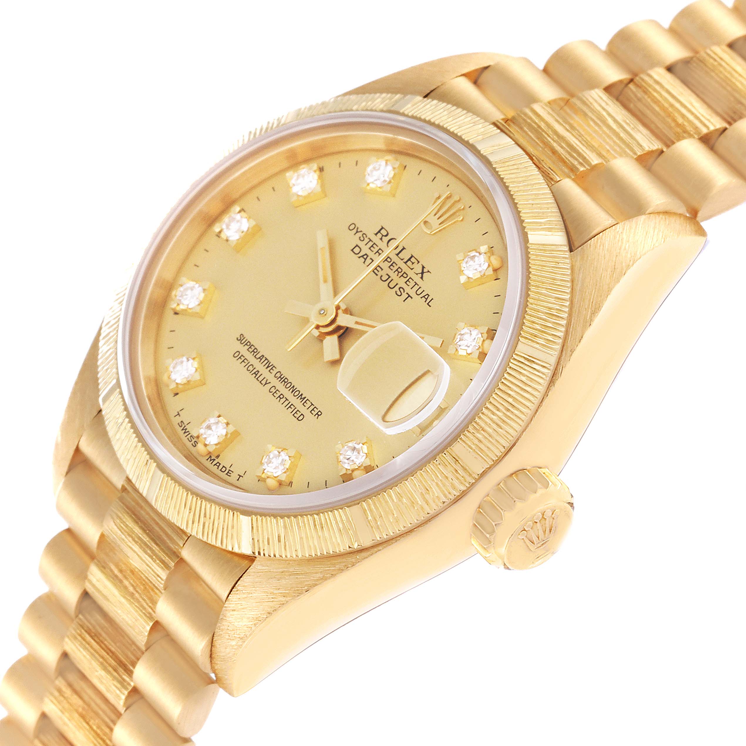 The image shows a Rolex President 69278G Women
s Yellow Gold Champagne Dial 69278G Women
s Yellow Gold Champagne Dial model watch at a slight angle, highlighting the dial, crown, and part of the bracelet.