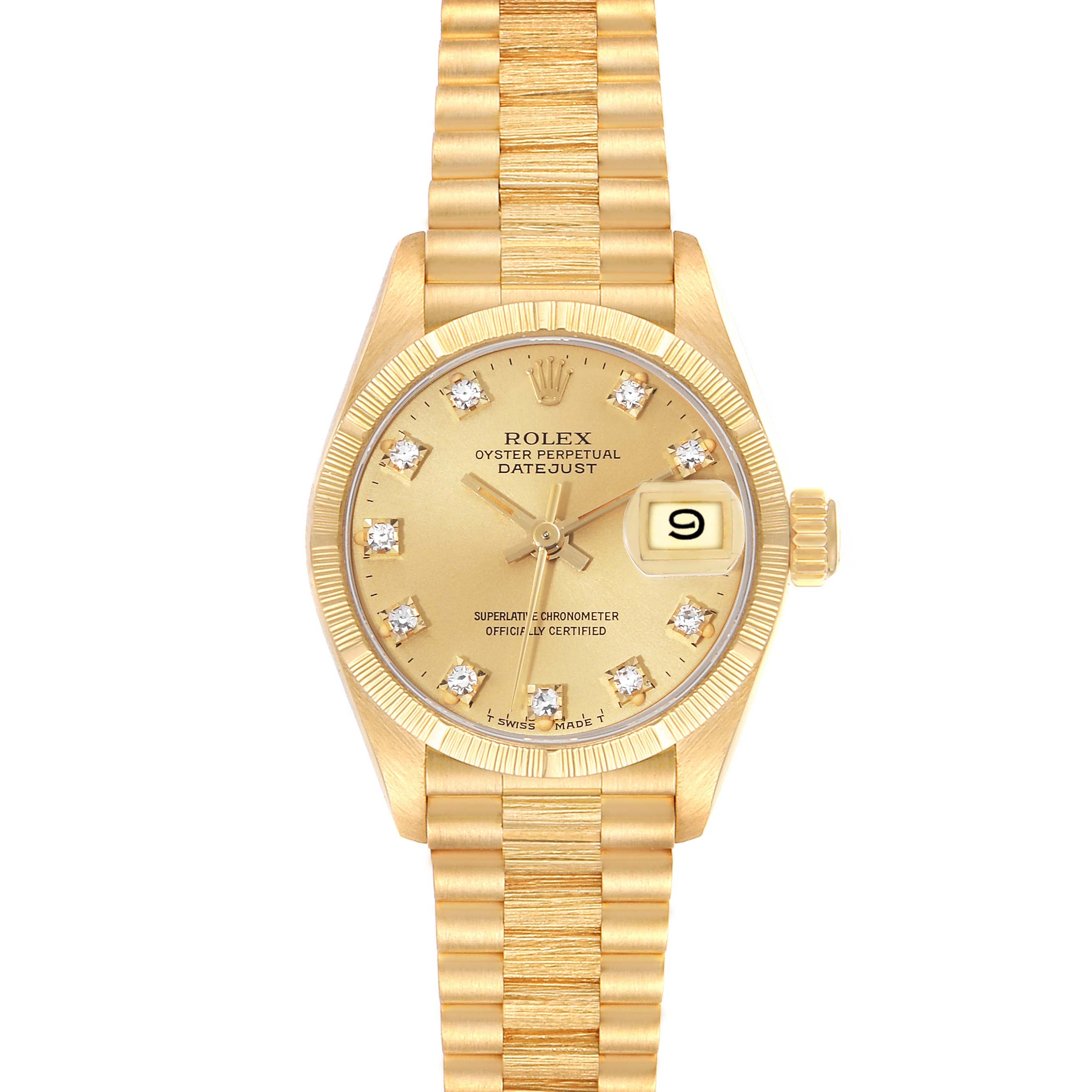 The image shows a frontal view of a Rolex President 69278G Women
s Yellow Gold Champagne Dial 69278G Women
s Yellow Gold Champagne Dial model watch, highlighting the dial, bezel, bracelet, and date window.