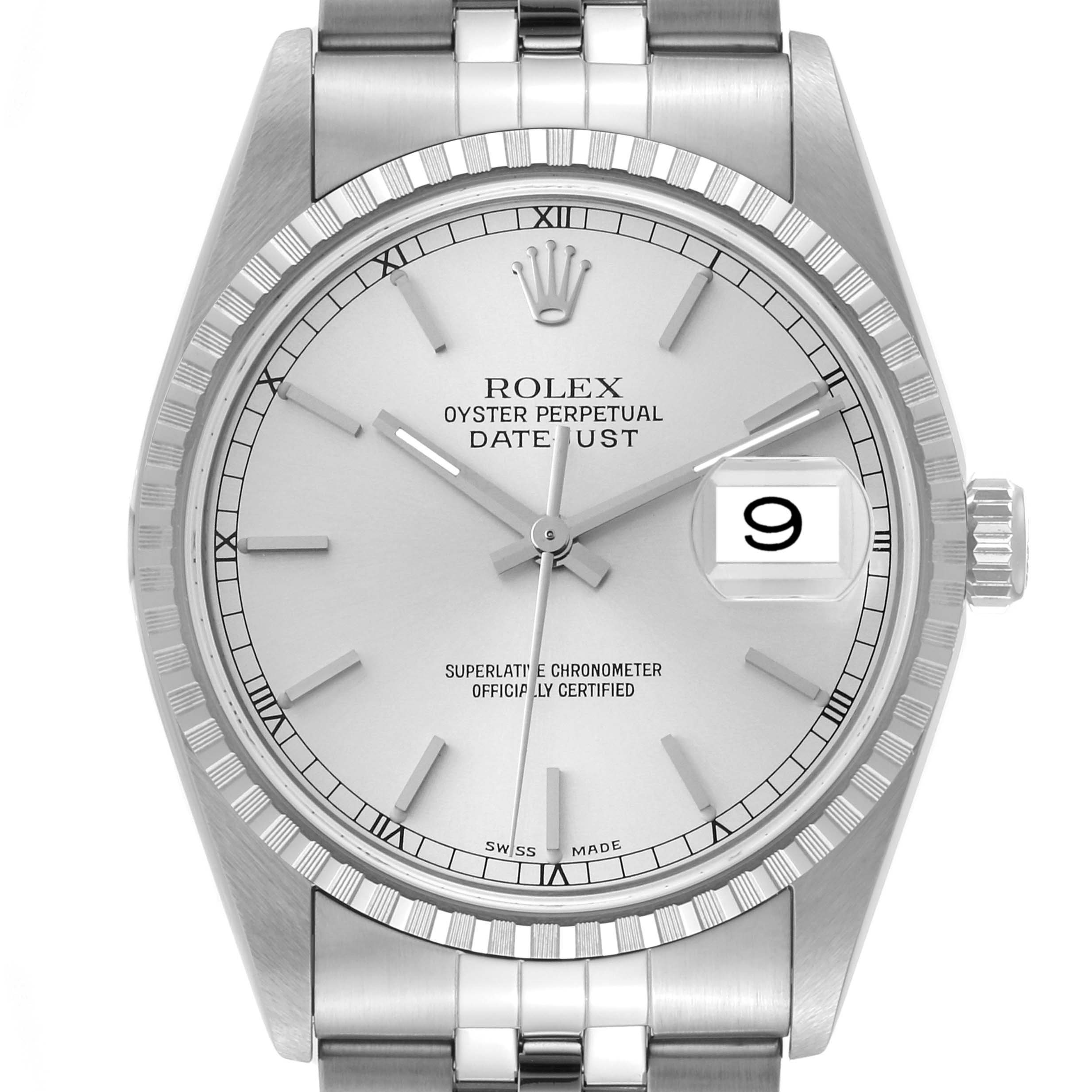 This image shows a front view of a Rolex Datejust 16220 Men's Stainless Steel Silver Dial 16220 Men's Stainless Steel Silver Dial watch, highlighting the face, hands, date window, and part of the bracelet.