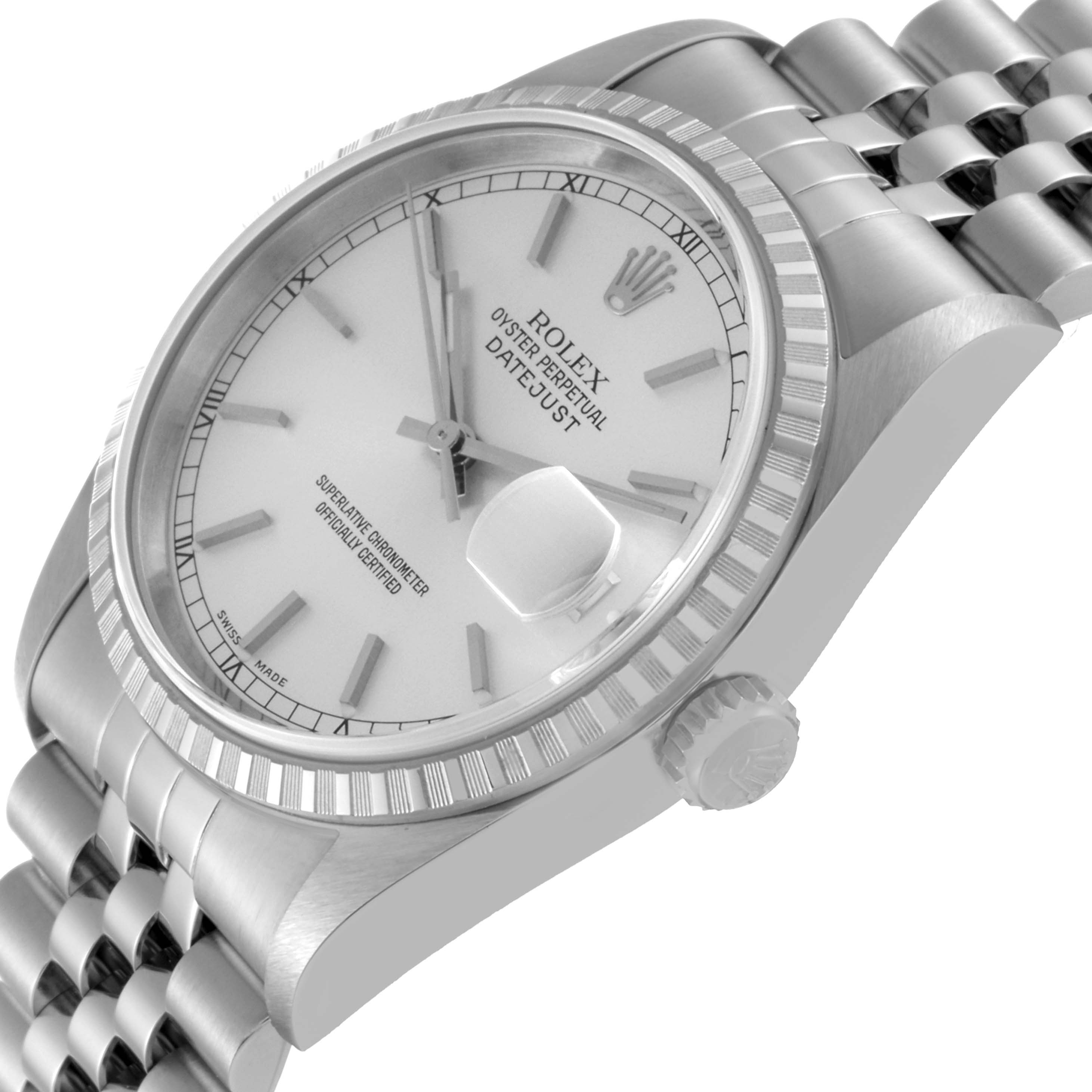The image shows a Rolex Datejust 16220 Men's Stainless Steel Silver Dial 16220 Men's Stainless Steel Silver Dial watch from a tilted side angle, highlighting the dial, bezel, crown, and Jubilee bracelet.