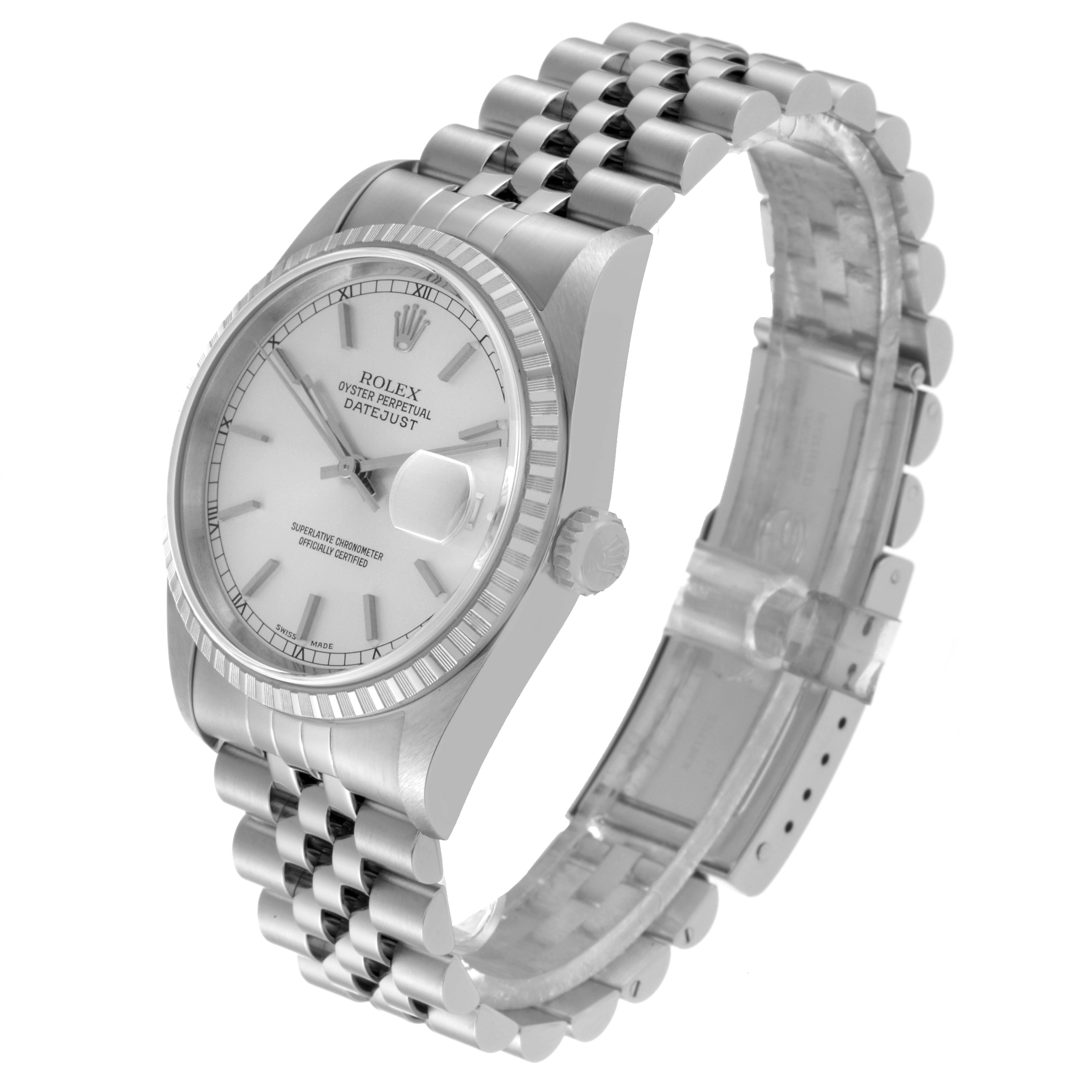 The image shows a three-quarter view of a Rolex Datejust 16220 Men's Stainless Steel Silver Dial 16220 Men's Stainless Steel Silver Dial watch, highlighting the face, bezel, crown, and bracelet.