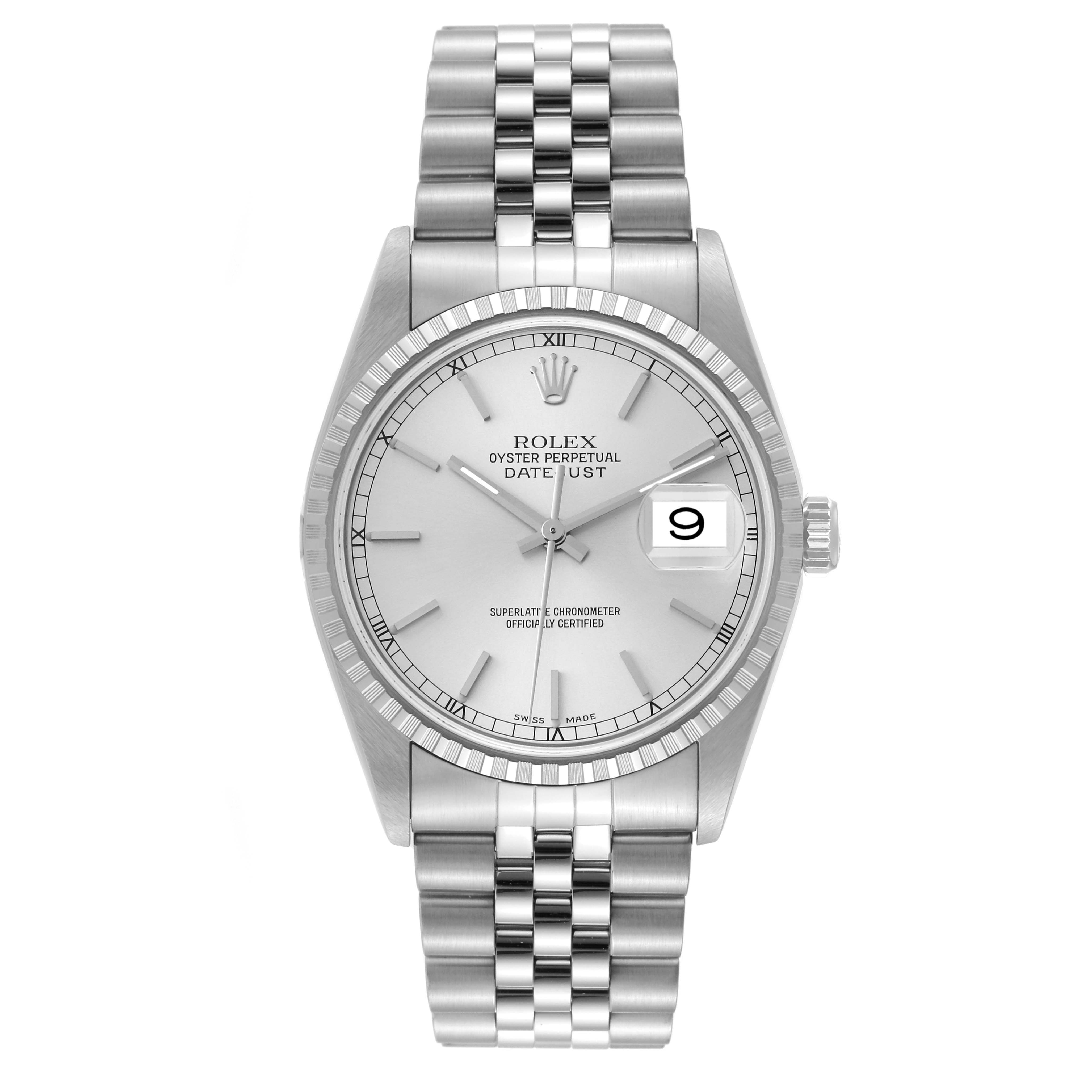 The Rolex Datejust 16220 Men's Stainless Steel Silver Dial 16220 Men's Stainless Steel Silver Dial watch is shown from a front angle, displaying its dial, bezel, crown, and bracelet.