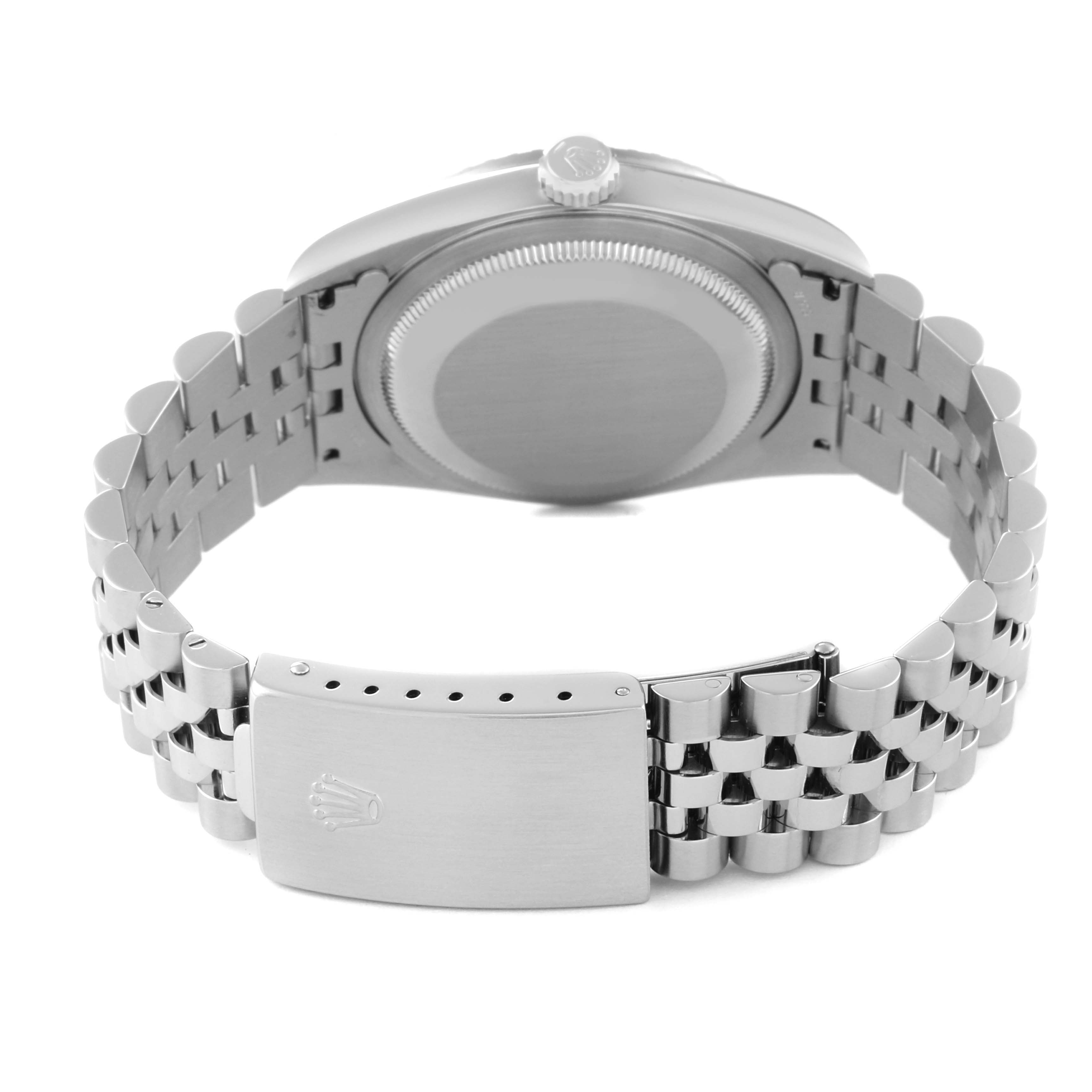 This image shows the back view of the Rolex Datejust 16220 Men's Stainless Steel Silver Dial 16220 Men's Stainless Steel Silver Dial model watch, featuring its case back, crown, and Jubilee bracelet with a closed clasp.