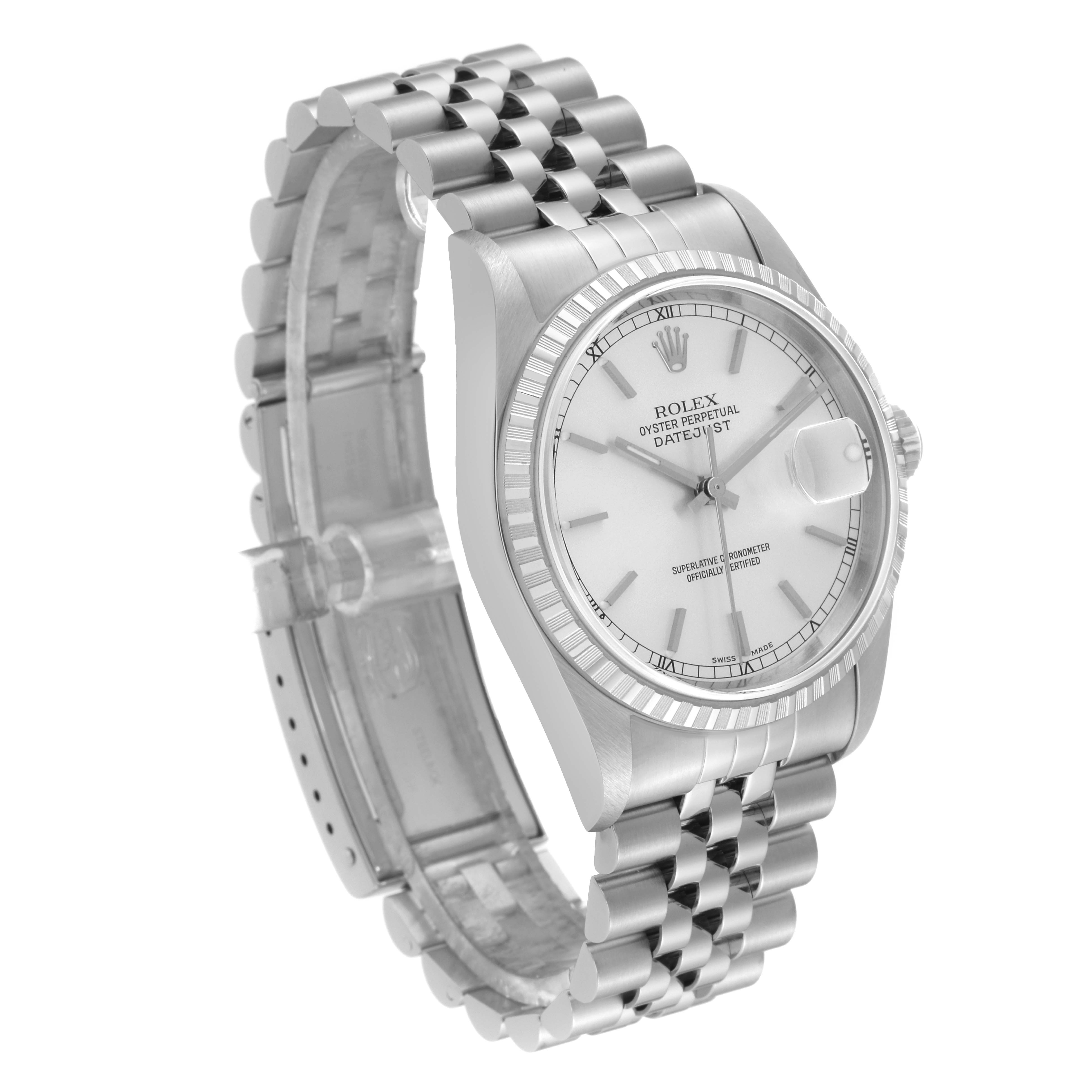 The Rolex Datejust 16220 Men's Stainless Steel Silver Dial 16220 Men's Stainless Steel Silver Dial watch is shown from a three-quarter angle, detailing the face, bezel, crown, and bracelet.