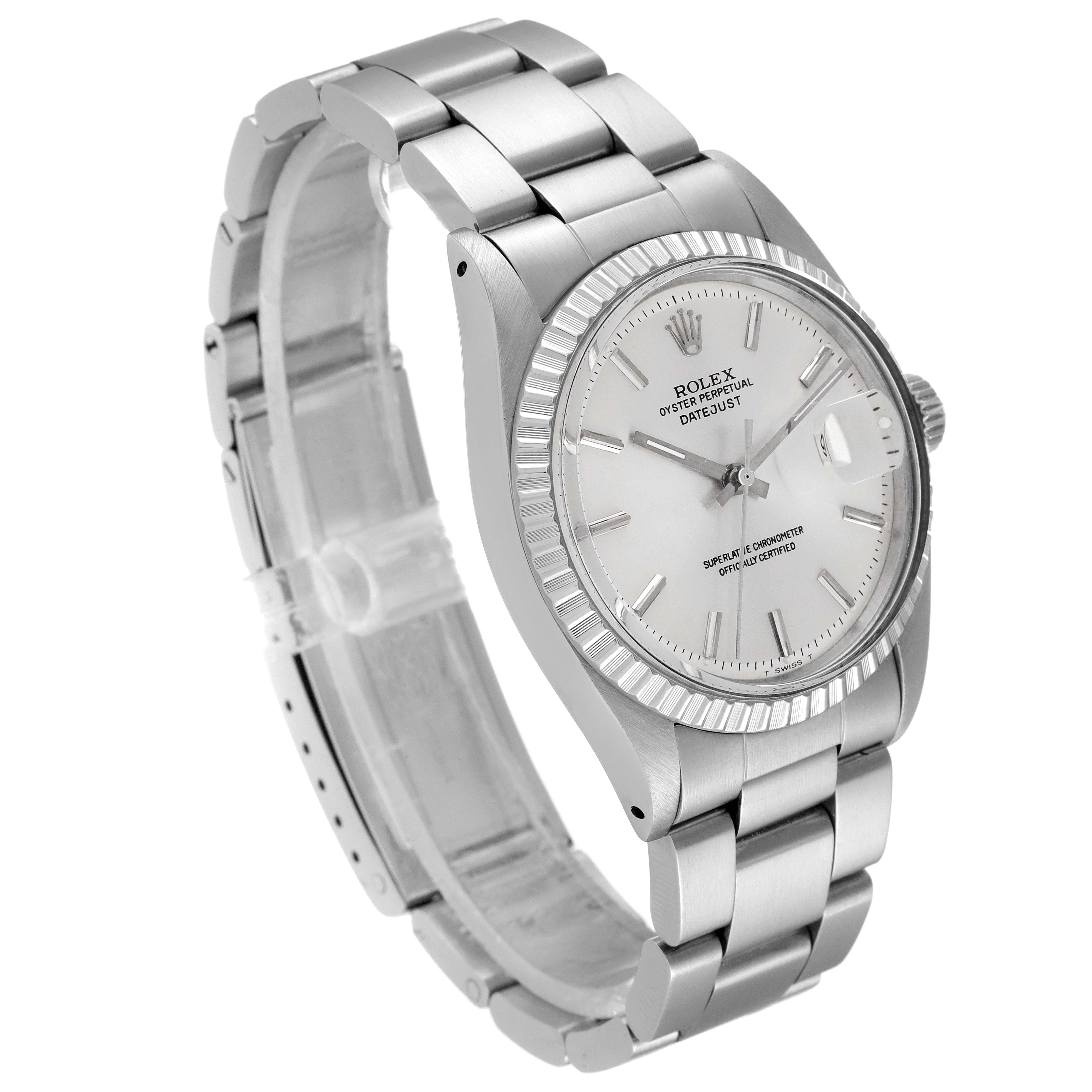 The image shows a three-quarter angled view of the Rolex Vintage Collection 1603 Men's Stainless Steel Silver Dial 1603 Men's Stainless Steel Silver Dial watch, highlighting the face, bezel, and bracelet.