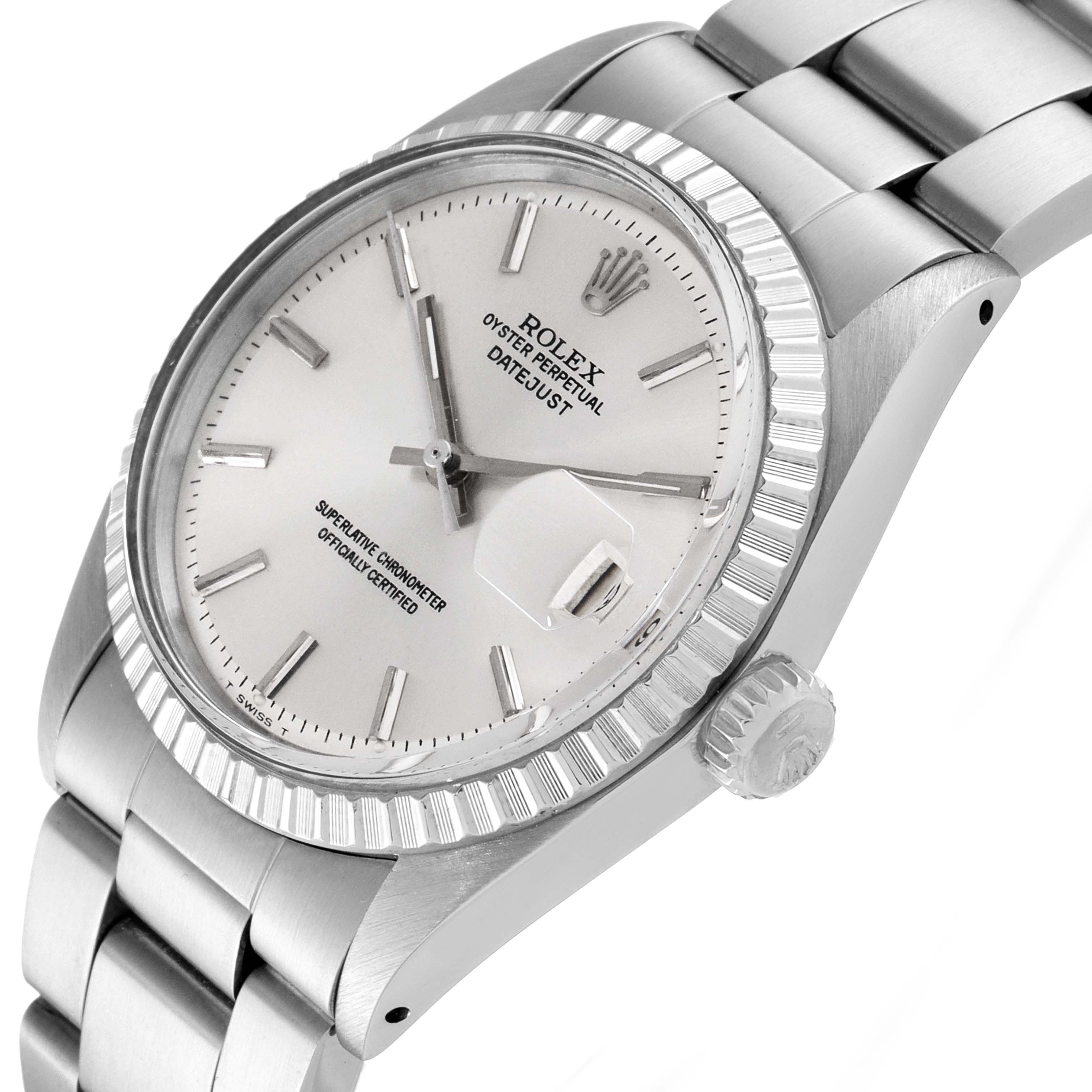 The image shows a side-angle view of a Rolex Vintage Collection 1603 Men's Stainless Steel Silver Dial 1603 Men's Stainless Steel Silver Dial Datejust watch, highlighting the dial, crown, and bracelet.