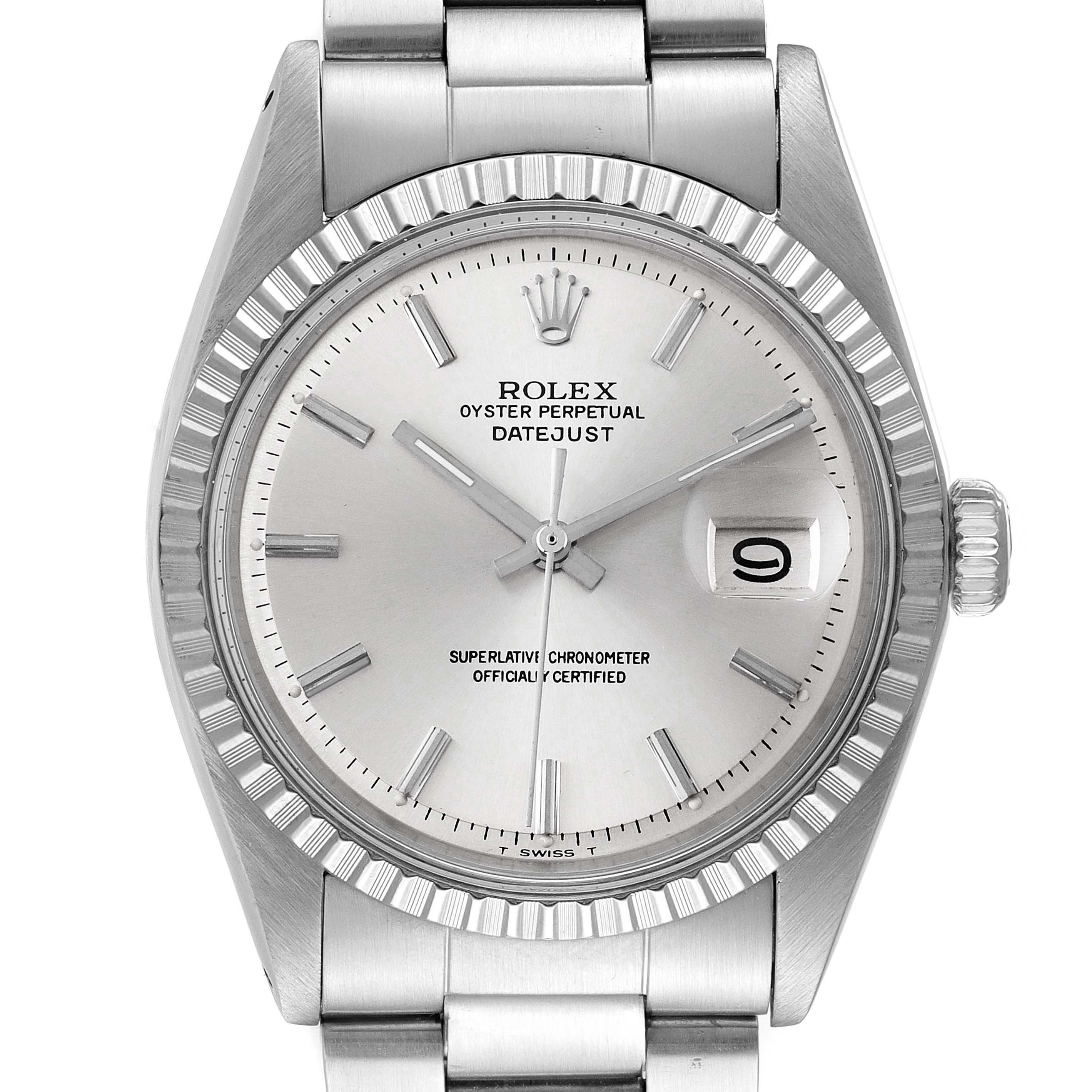 The image shows a close-up of the Rolex Vintage Collection 1603 Men's Stainless Steel Silver Dial 1603 Men's Stainless Steel Silver Dial Oyster Perpetual Datejust watch, highlighting the face, bezel, and partial bracelet.