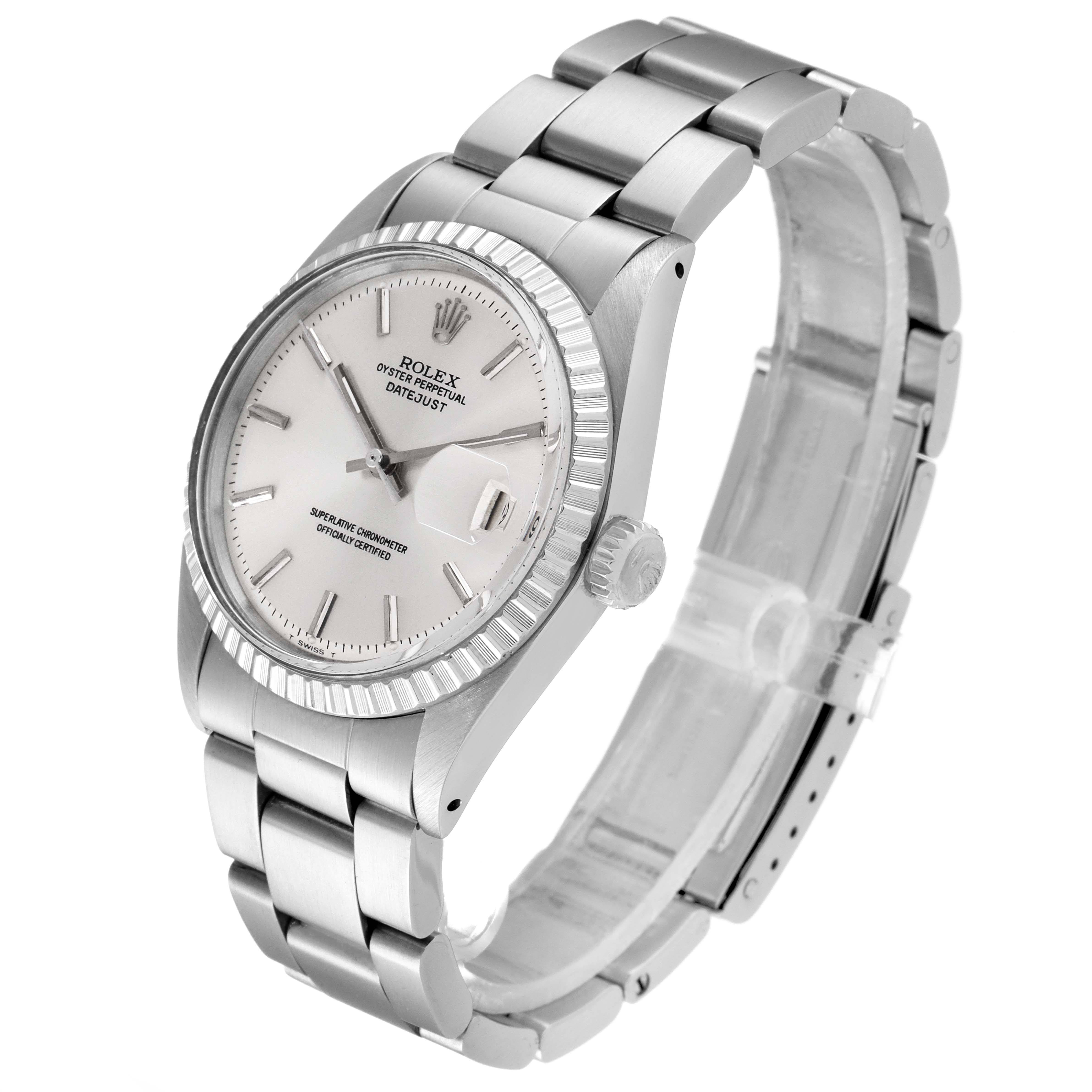 The Rolex Vintage Collection 1603 Men's Stainless Steel Silver Dial 1603 Men's Stainless Steel Silver Dial model is shown at an angled side view, displaying the watch face, bezel, crown, and bracelet.