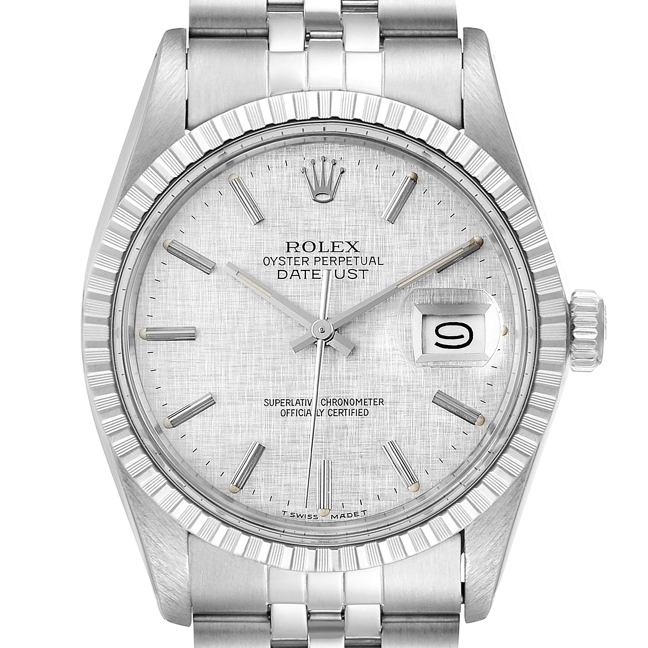 This image shows the front view of the Rolex Vintage Collection 16030 Men's Stainless Steel Silver Dial 16030 Men's Stainless Steel Silver Dial Datejust watch, highlighting the dial, hands, date window, crown, and bracelet.