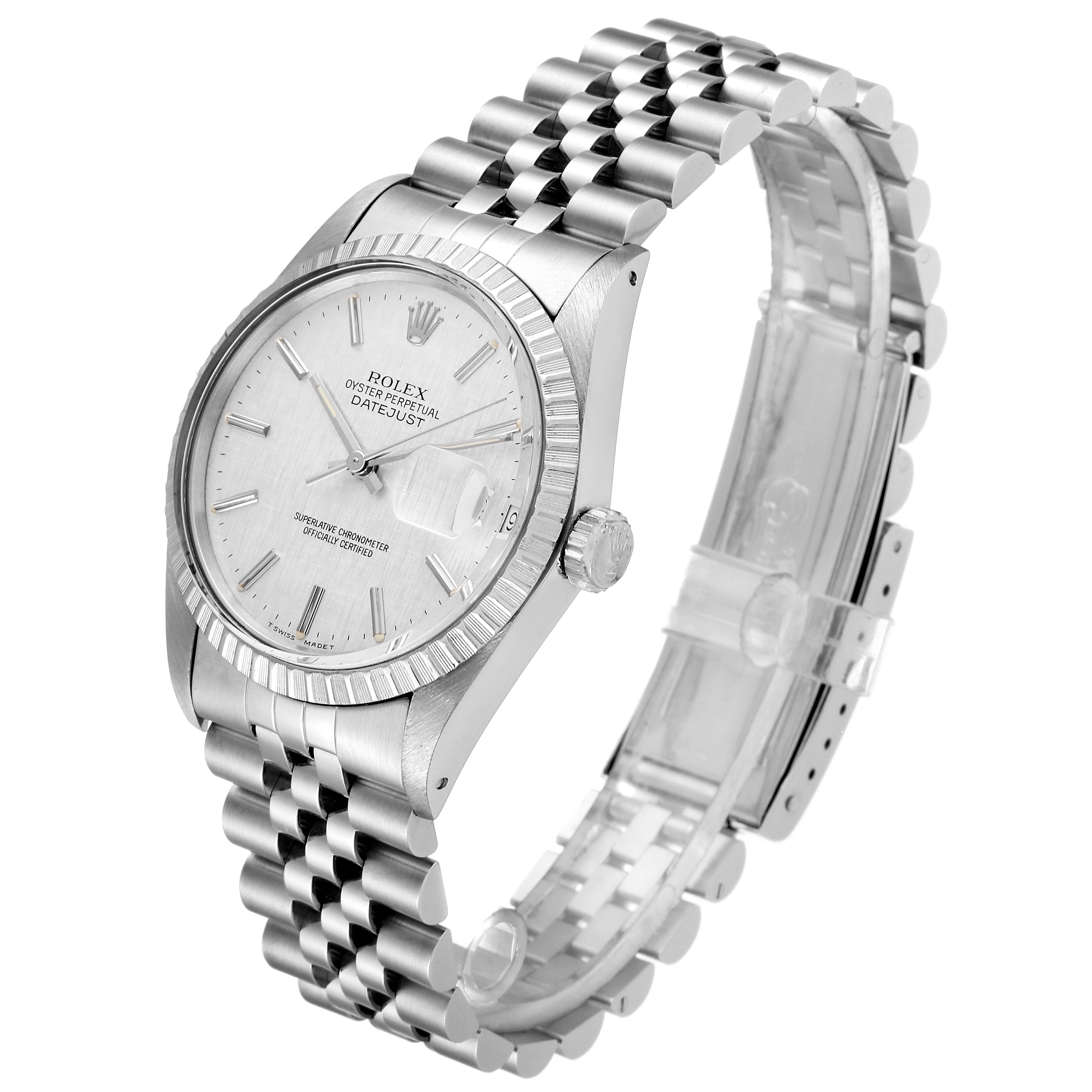 This image shows a Rolex Vintage Collection 16030 Men's Stainless Steel Silver Dial 16030 Men's Stainless Steel Silver Dial model Datejust watch, displaying its face, bezel, crown, and bracelet at an angled view.