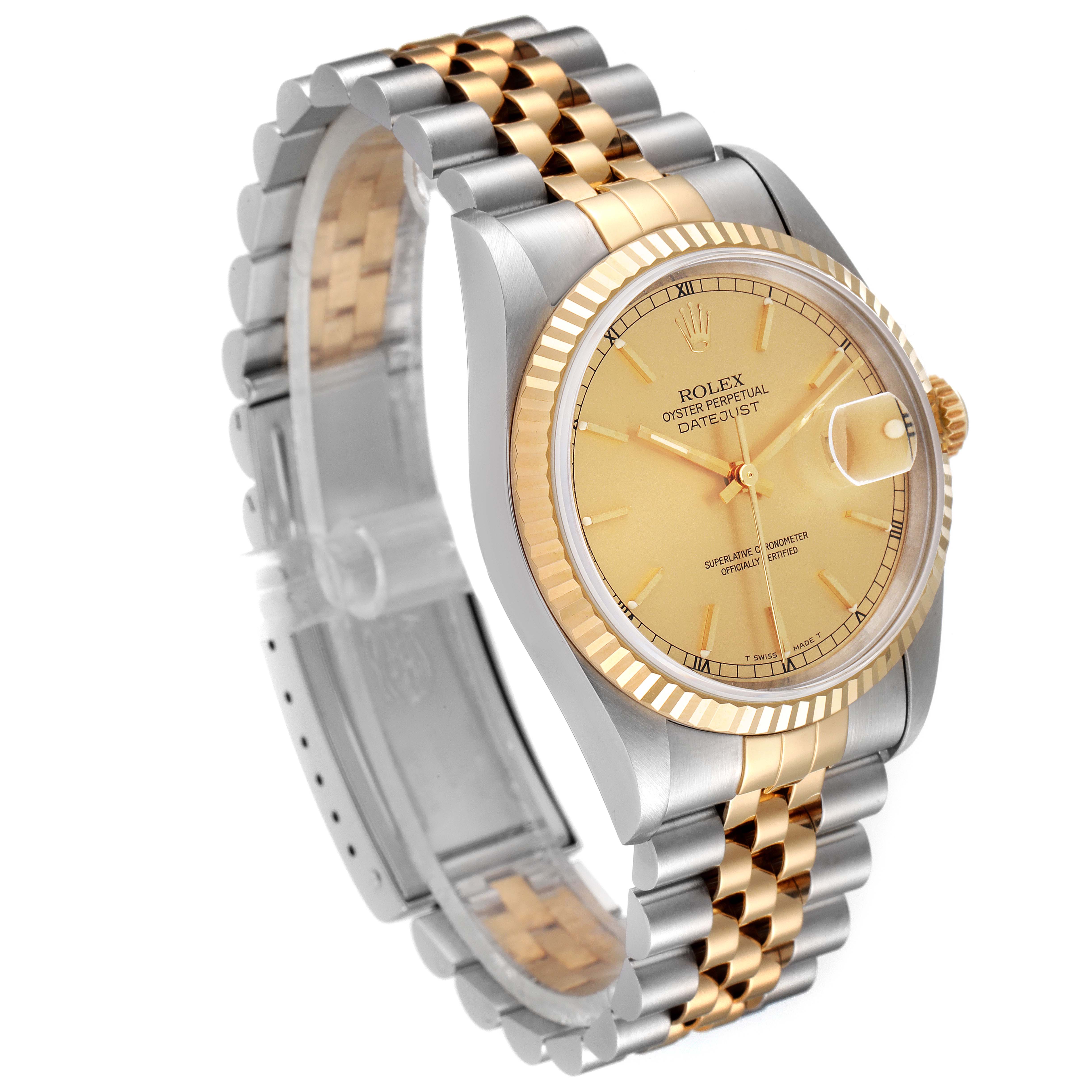 The Rolex Datejust 16233 Men
s Steel and Gold (two tone) Champagne Dial 16233 Men
s Steel and Gold (two tone) Champagne Dial watch is shown at an angled view, displaying the dial, bezel, crown, and two-tone bracelet.
