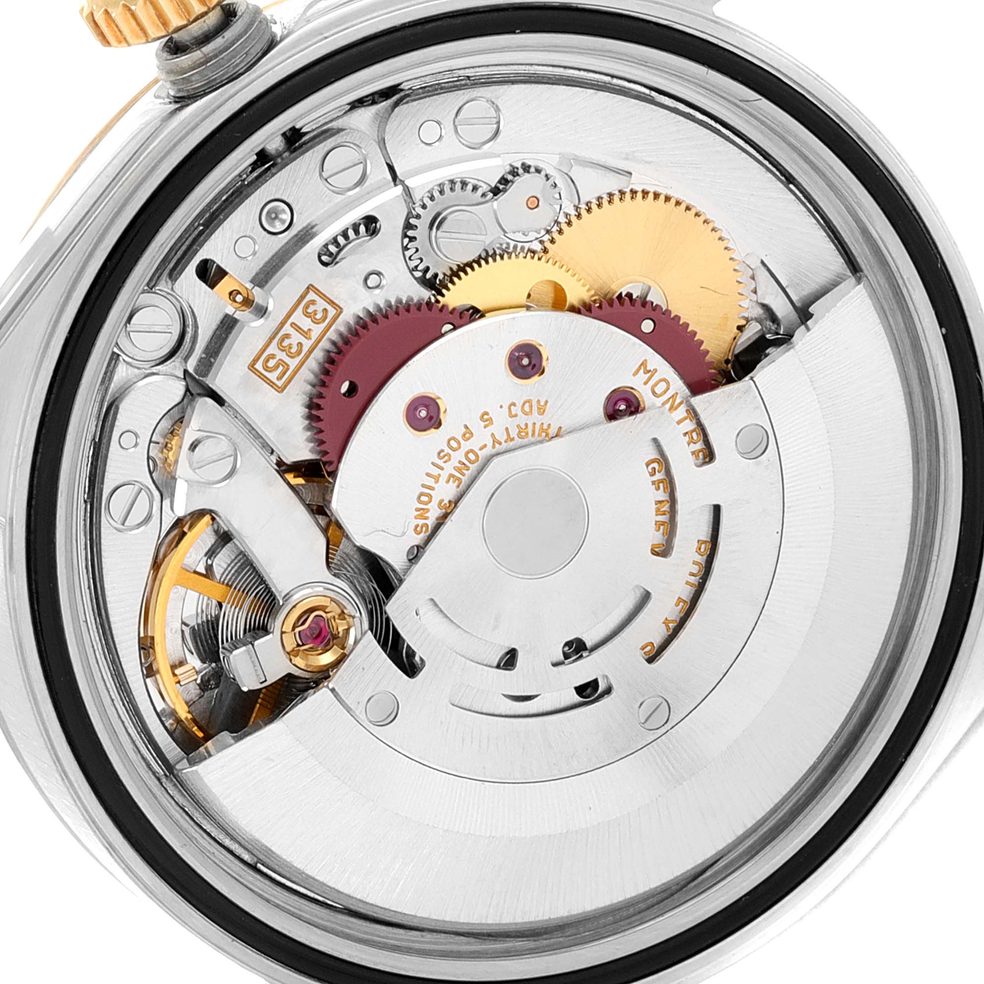 This image shows the intricate internal mechanism of a Rolex Datejust 16233 Men
s Steel and Gold (two tone) Champagne Dial 16233 Men
s Steel and Gold (two tone) Champagne Dial watch viewed from the back.