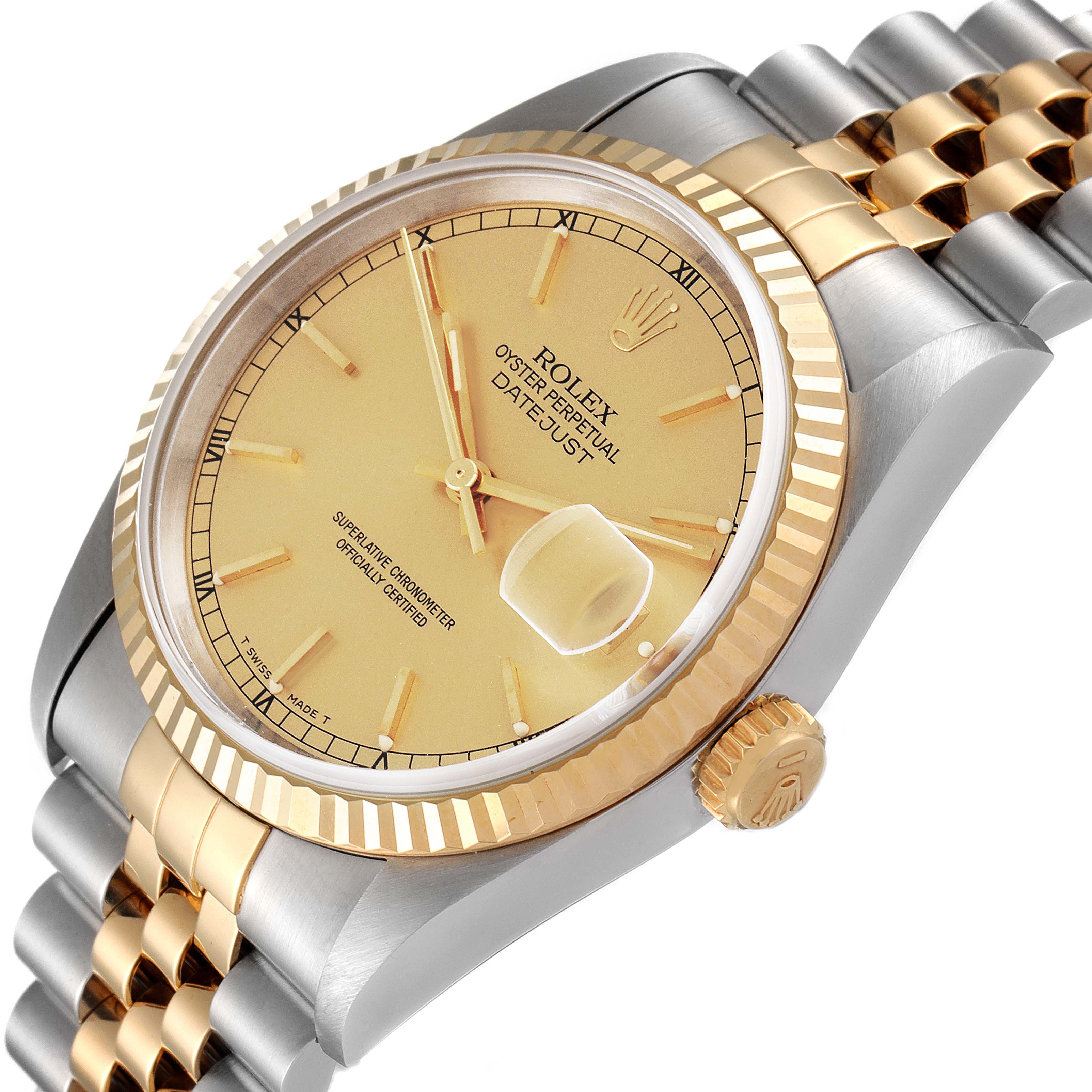 The image shows a side view angle of the Rolex Datejust 16233 Men
s Steel and Gold (two tone) Champagne Dial 16233 Men
s Steel and Gold (two tone) Champagne Dial watch, highlighting its gold dial, fluted bezel, and two-tone bracelet.