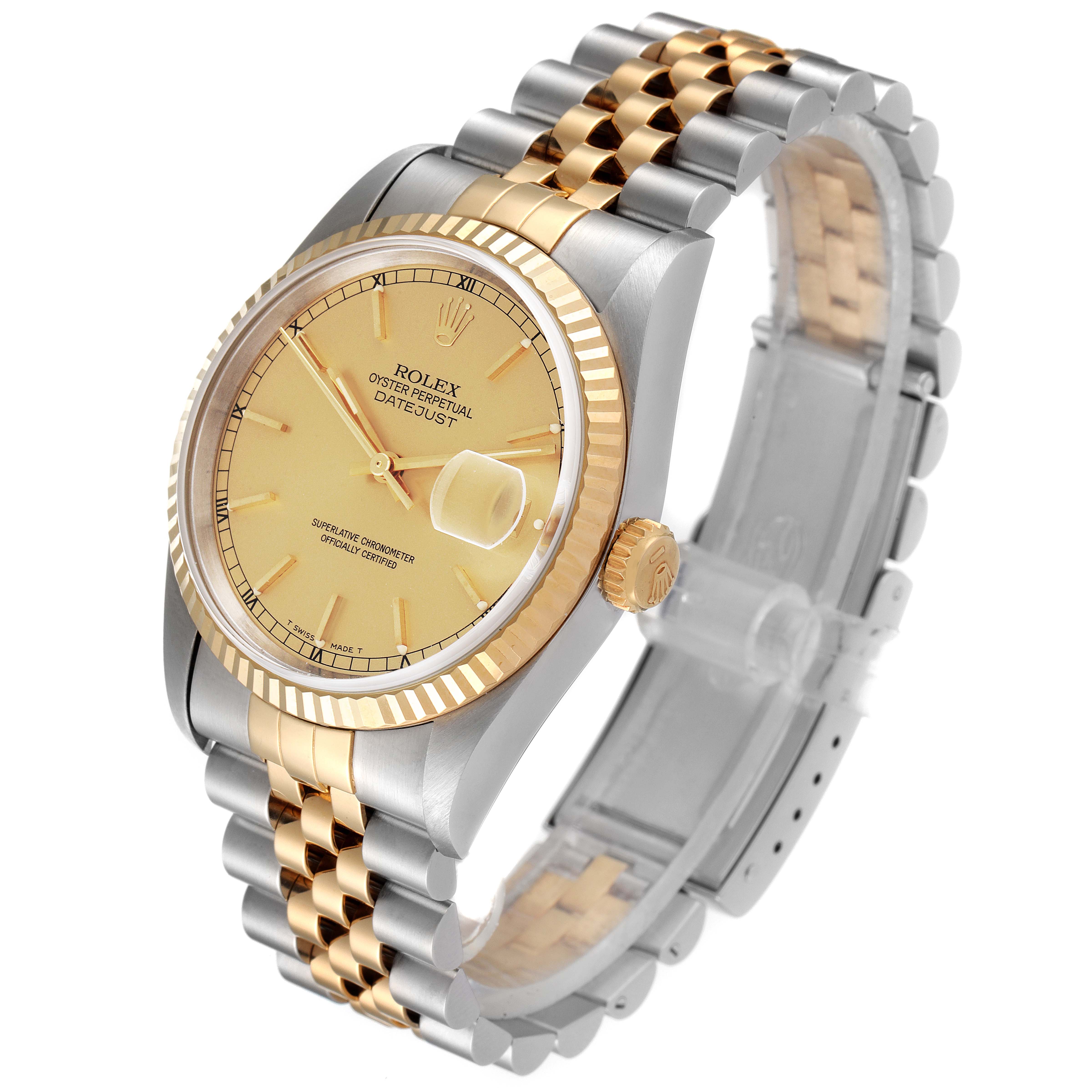 This image shows a Rolex Datejust 16233 Men
s Steel and Gold (two tone) Champagne Dial 16233 Men
s Steel and Gold (two tone) Champagne Dial watch at an angle displaying the face, bezel, crown, and Jubilee bracelet.