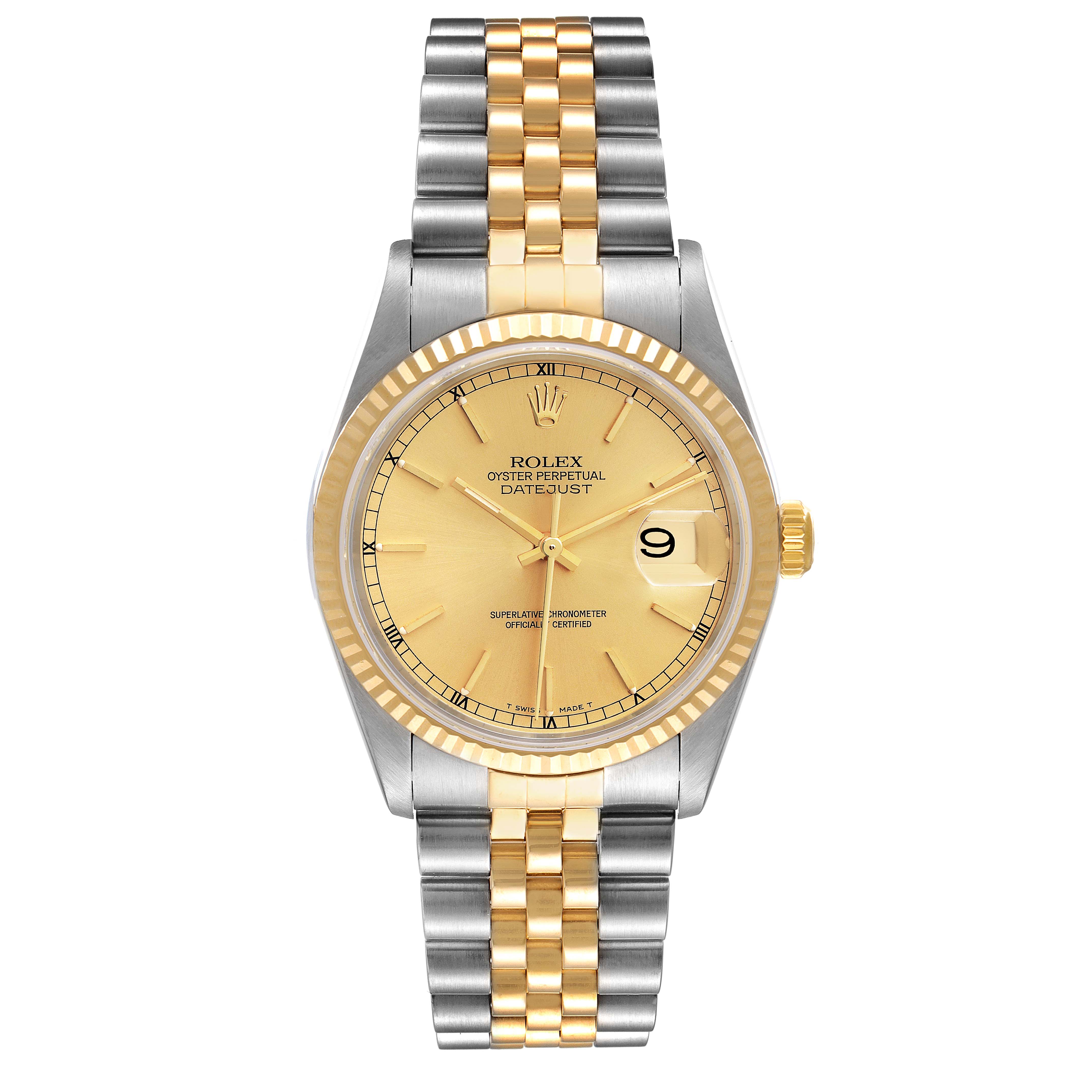 This Rolex Datejust 16233 Men
s Steel and Gold (two tone) Champagne Dial 16233 Men
s Steel and Gold (two tone) Champagne Dial watch is shown from a front angle, displaying its dial, bezel, and two-tone bracelet.