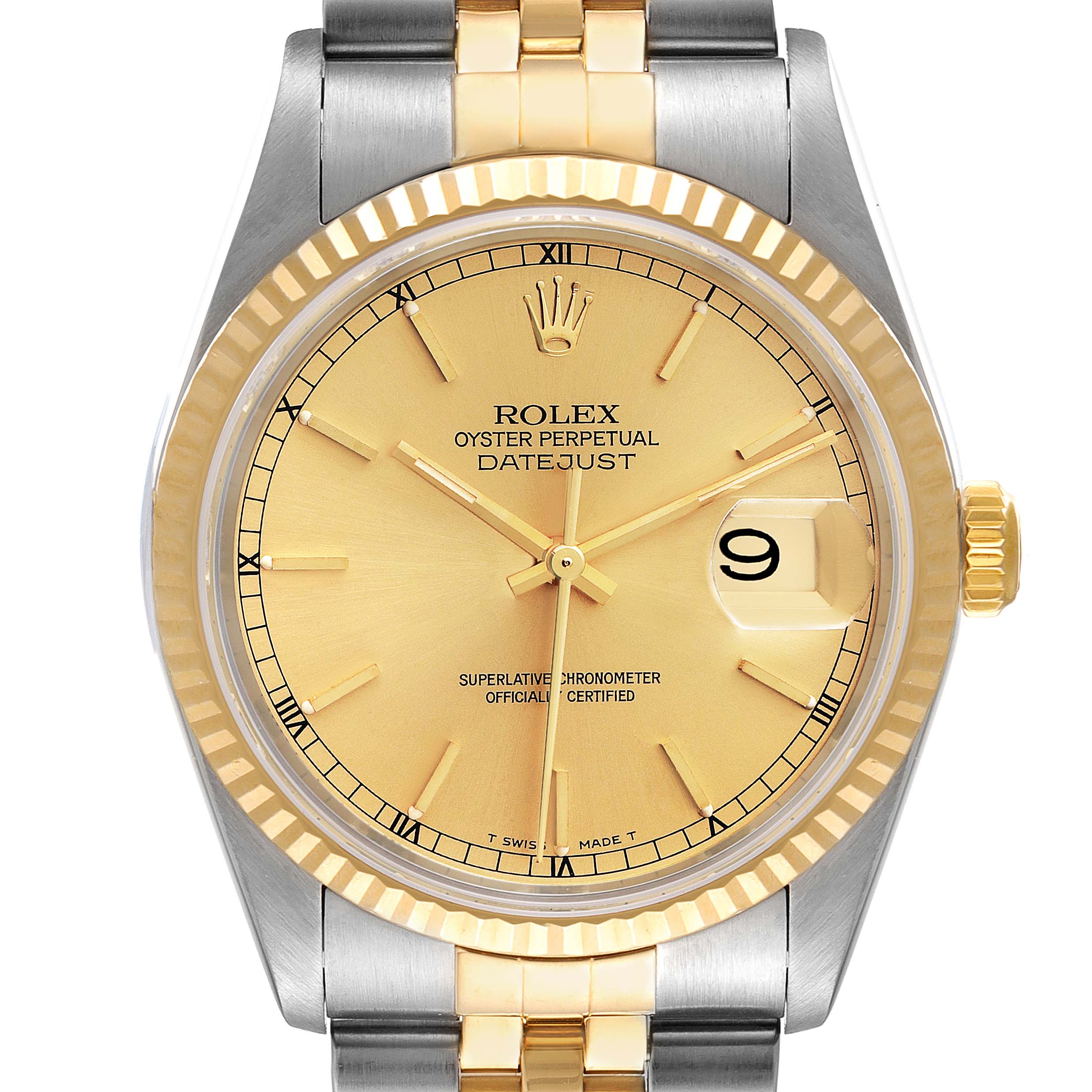 The image shows a frontal view of a Rolex Datejust 16233 Men
s Steel and Gold (two tone) Champagne Dial 16233 Men
s Steel and Gold (two tone) Champagne Dial, displaying the dial, bezel, and part of the bracelet.