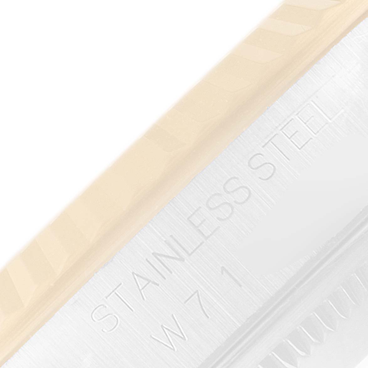 The image shows a close-up of the side of a Rolex Datejust 16233 Men's Steel and Gold (two tone) Blue Dial 16233 Men's Steel and Gold (two tone) Blue Dial watch, highlighting the engraving "STAINLESS STEEL."