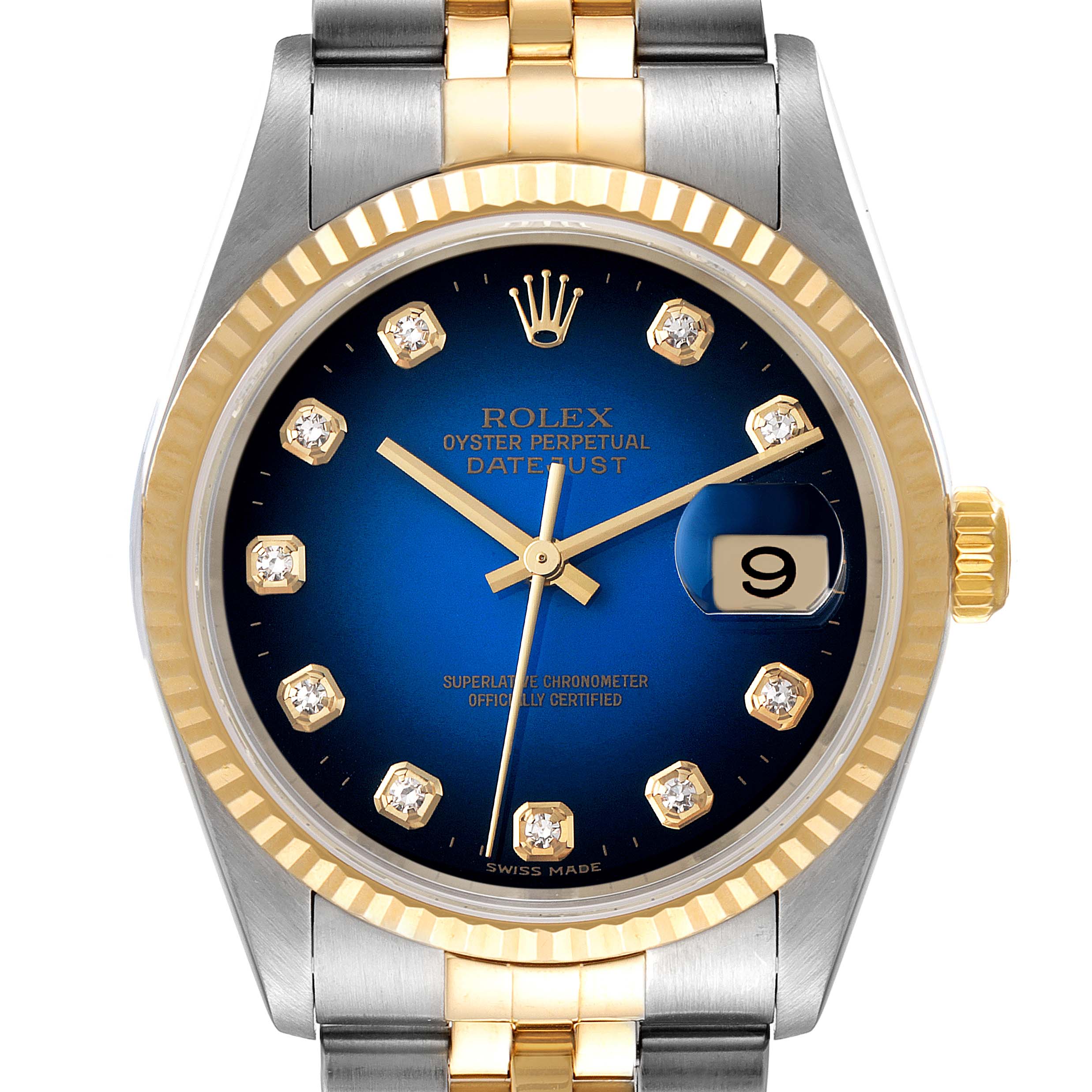 This image shows a close-up, front view of the Rolex Datejust 16233 Men's Steel and Gold (two tone) Blue Dial 16233 Men's Steel and Gold (two tone) Blue Dial watch, highlighting the dial, hands, date window, and part of the bracelet.