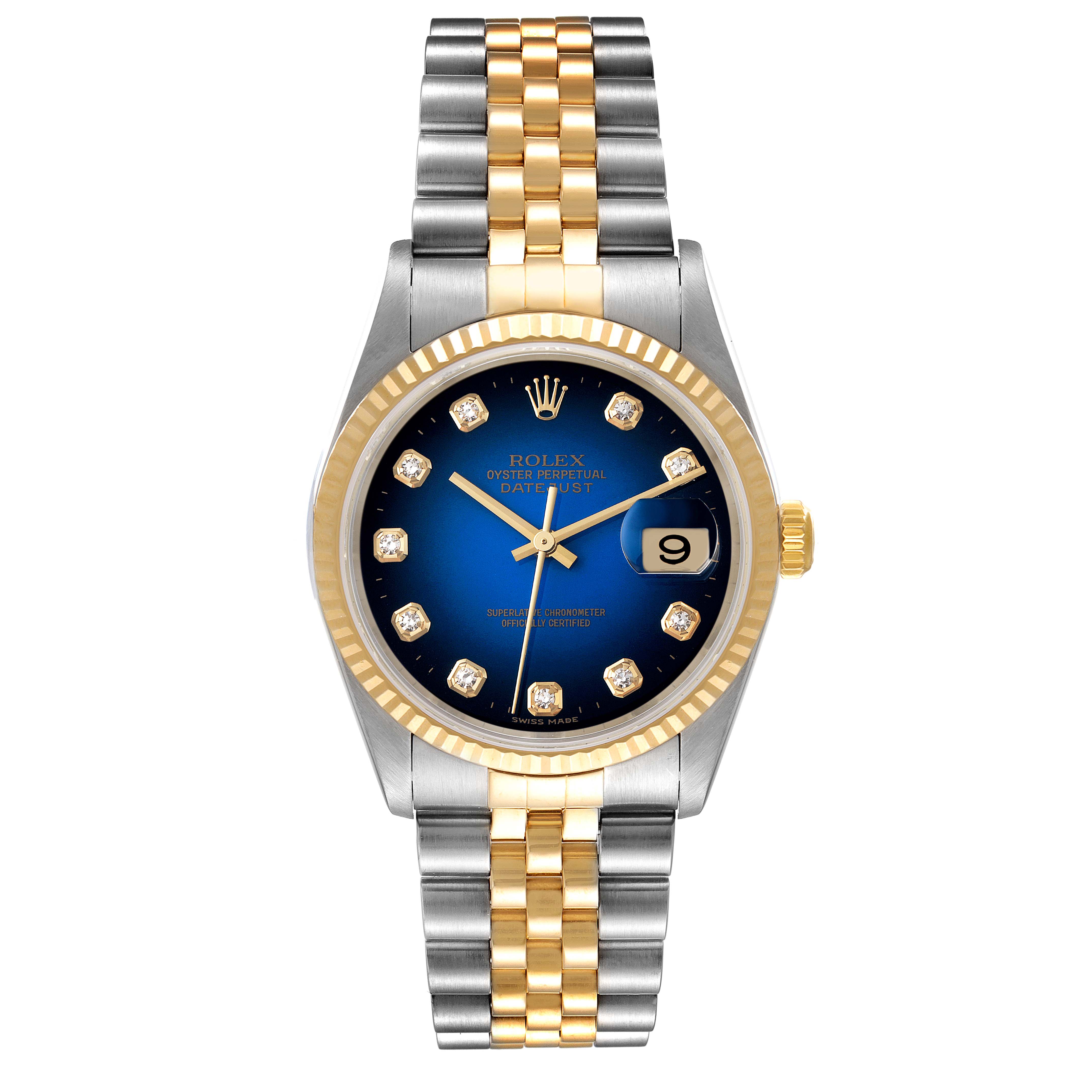 This image shows a frontal view of a Rolex Datejust 16233 Men's Steel and Gold (two tone) Blue Dial 16233 Men's Steel and Gold (two tone) Blue Dial watch with a two-tone bracelet and a blue dial featuring diamond hour markers.