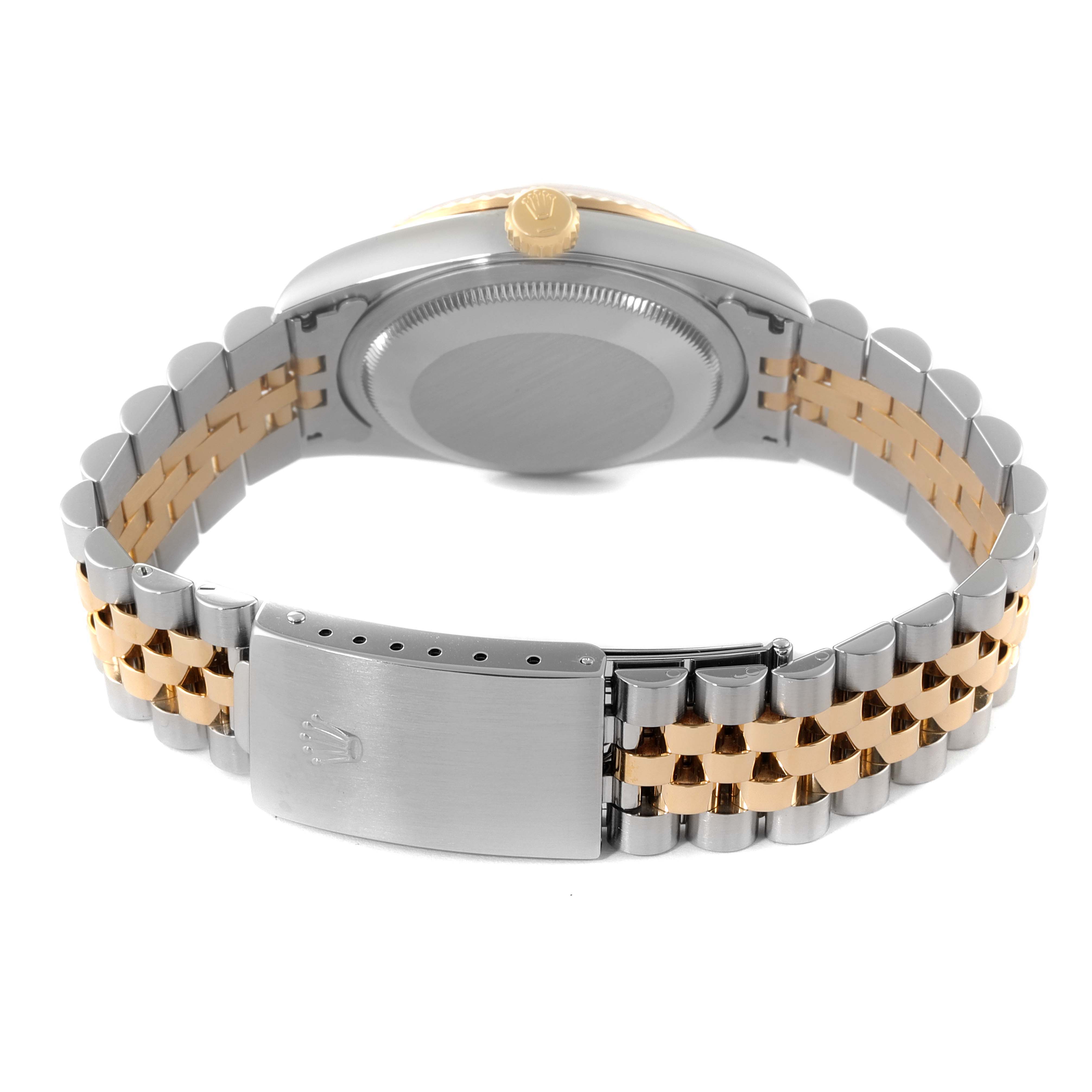 This image shows the back and strap of a Rolex Datejust 16233 Men's Steel and Gold (two tone) Blue Dial 16233 Men's Steel and Gold (two tone) Blue Dial watch with a two-tone metal bracelet.