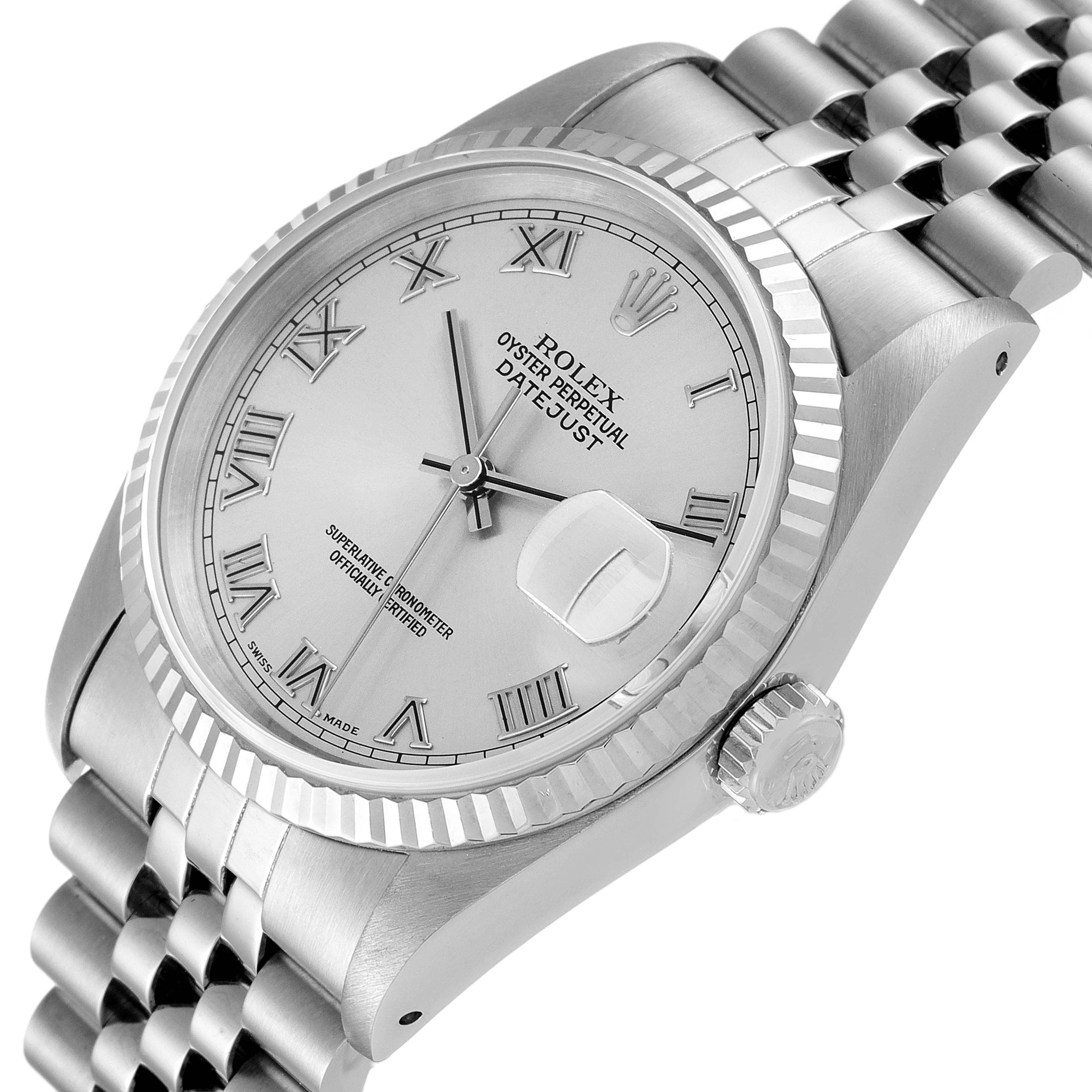 This image shows a Rolex Datejust 16234 Men's Stainless Steel Silver Dial 16234 Men's Stainless Steel Silver Dial watch at a tilted angle, highlighting its face, crown, and bracelet.