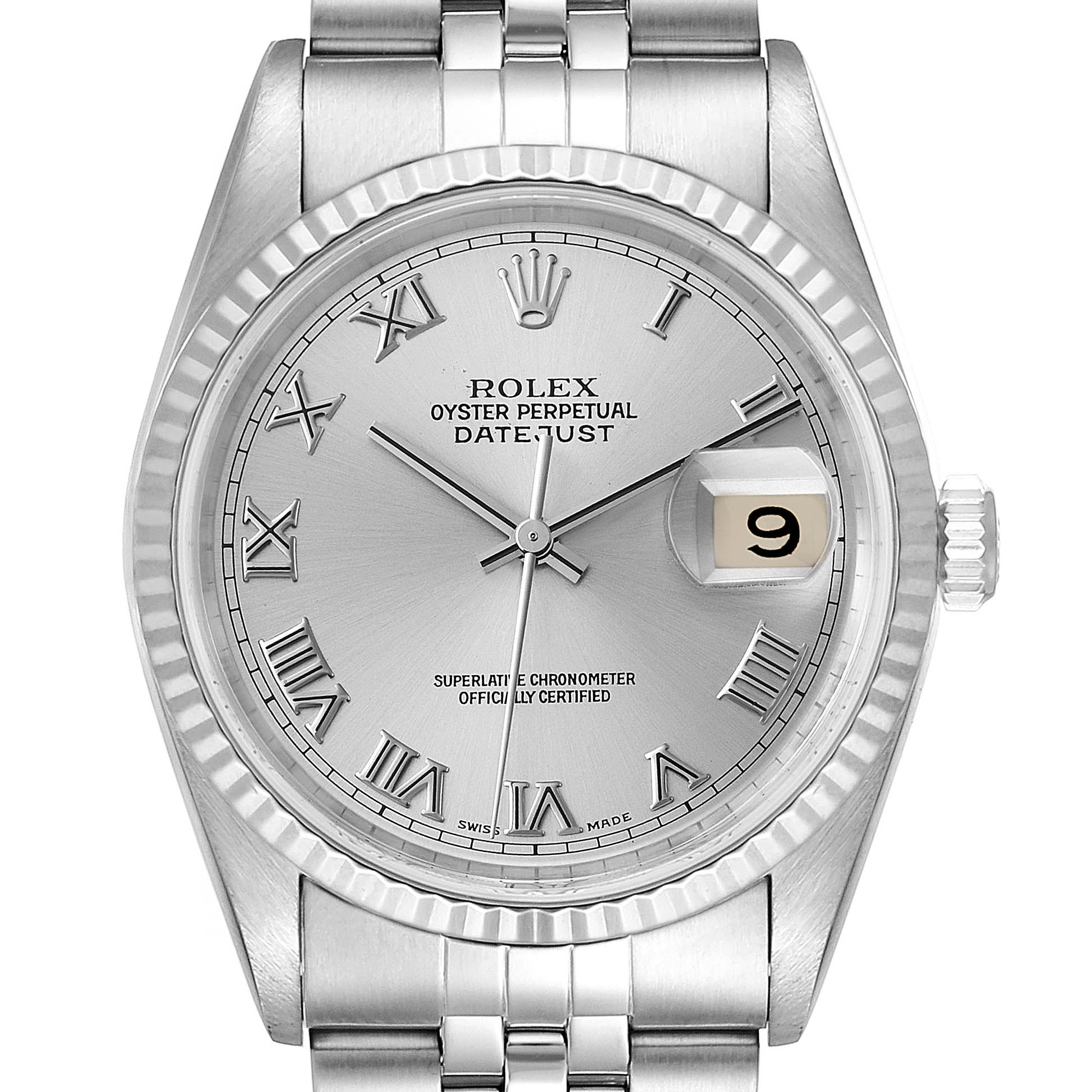 The image shows a frontal close-up view of the Rolex Datejust 16234 Men's Stainless Steel Silver Dial 16234 Men's Stainless Steel Silver Dial watch, highlighting the dial, hands, bezel, and bracelet.