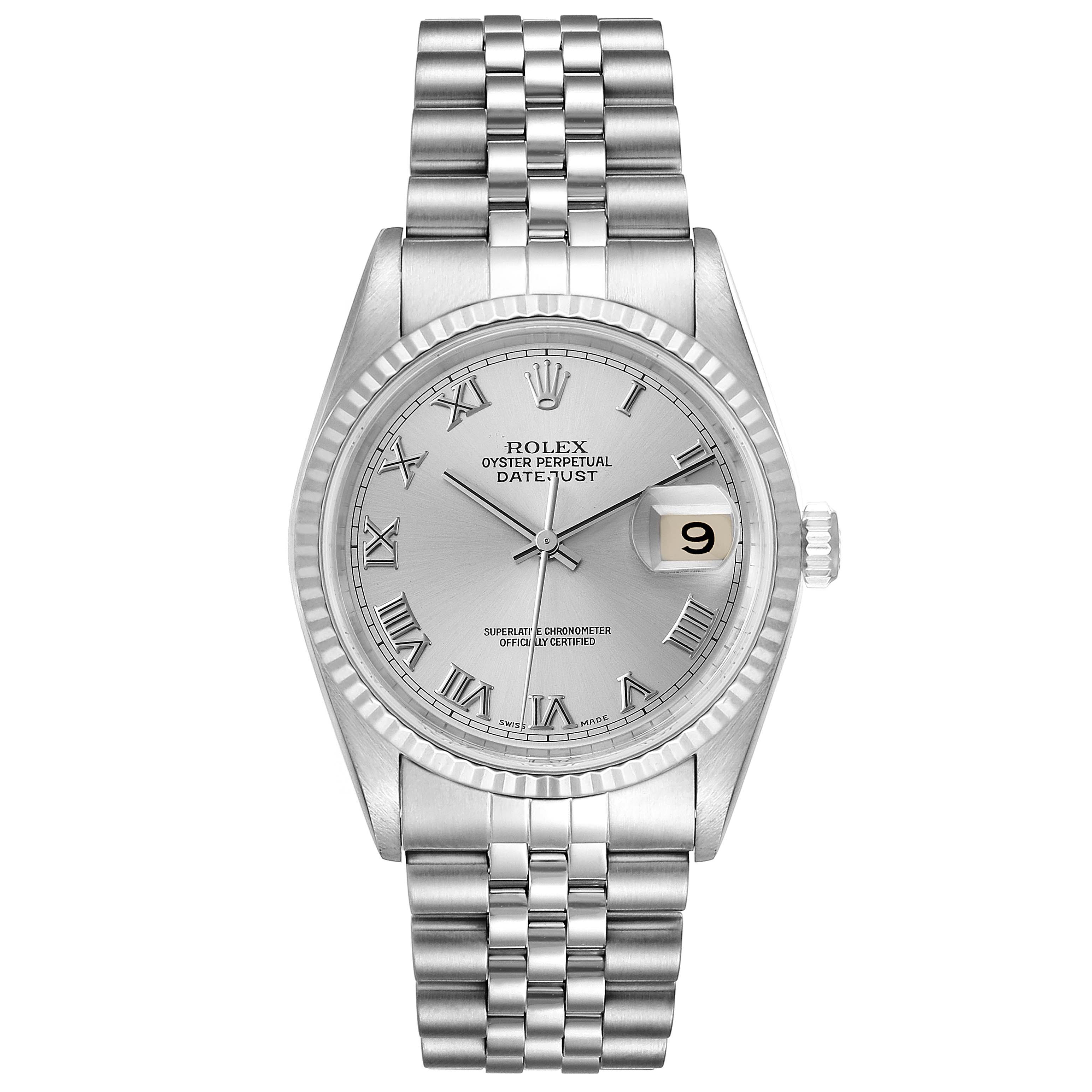 The image shows a frontal view of the Rolex Datejust 16234 Men's Stainless Steel Silver Dial 16234 Men's Stainless Steel Silver Dial watch, displaying its dial, bezel, and Jubilee bracelet.