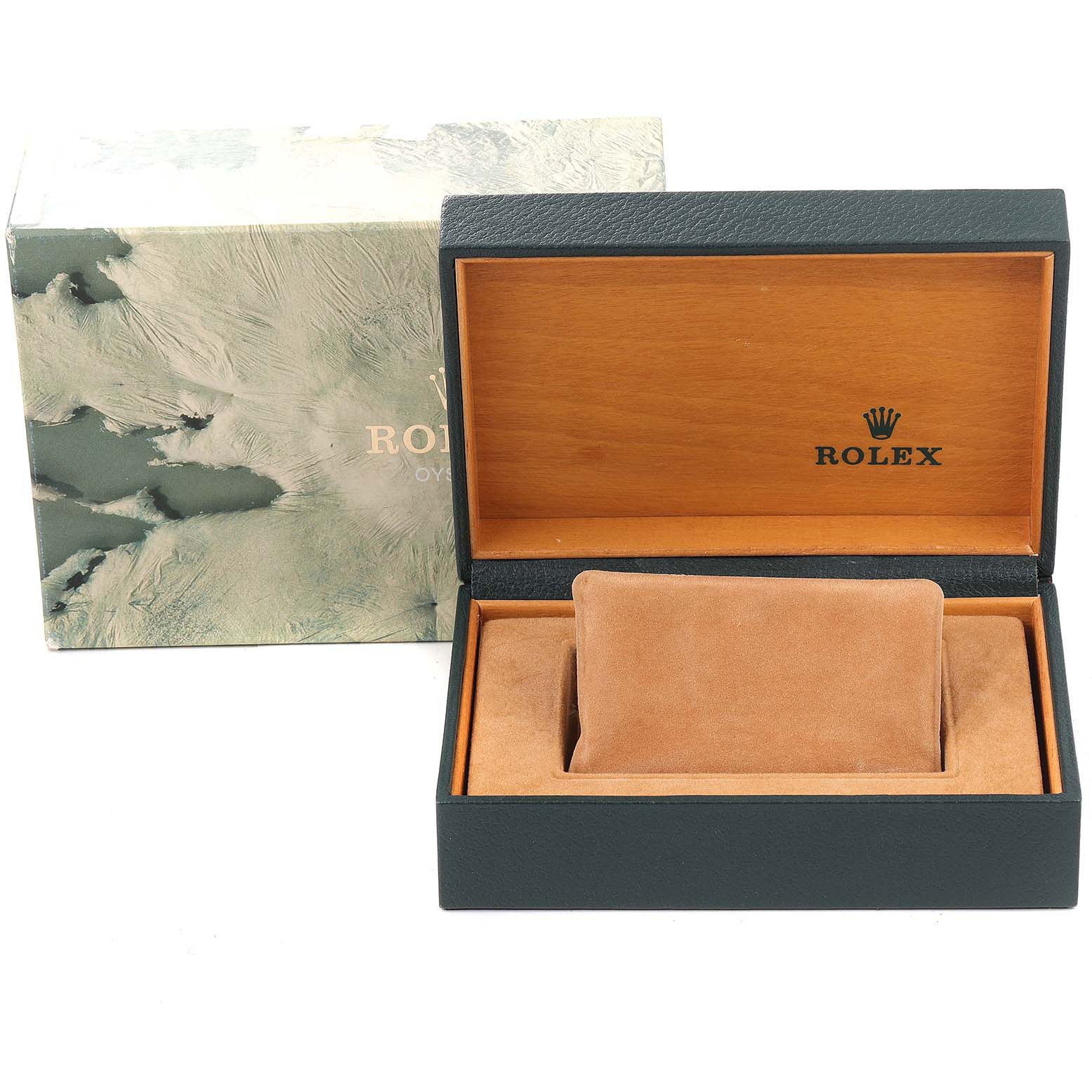 The image shows an open Rolex Datejust 16234 Men's Stainless Steel Silver Dial 16234 Men's Stainless Steel Silver Dial watch box with a green outer box, a wooden interior, and a cushion for the watch.