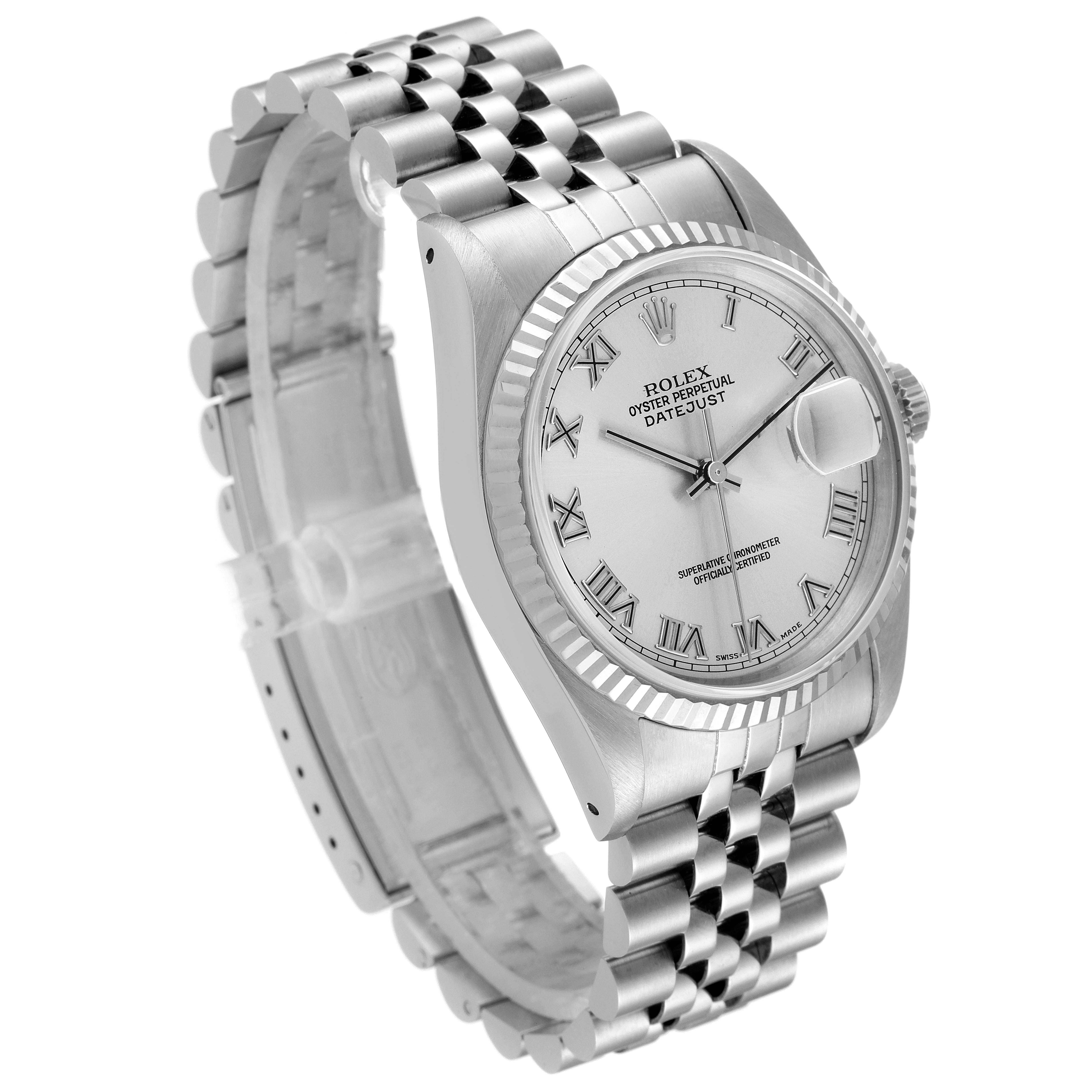 The image shows a side-angle view of the Rolex Datejust 16234 Men's Stainless Steel Silver Dial 16234 Men's Stainless Steel Silver Dial watch, displaying its face, bezel, and bracelet.
