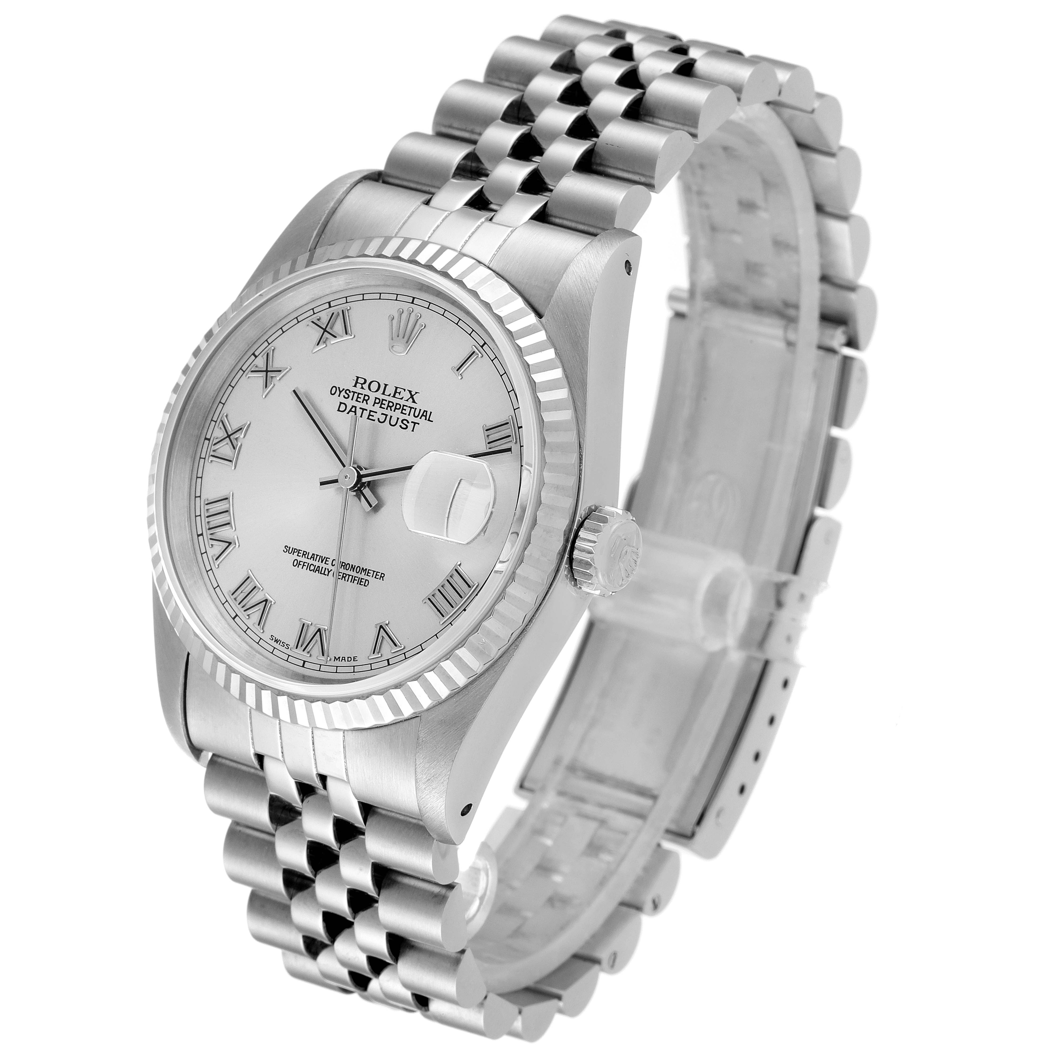 The image shows a Rolex Datejust 16234 Men's Stainless Steel Silver Dial 16234 Men's Stainless Steel Silver Dial watch at a three-quarter angle, highlighting its dial, bezel, and Jubilee bracelet.