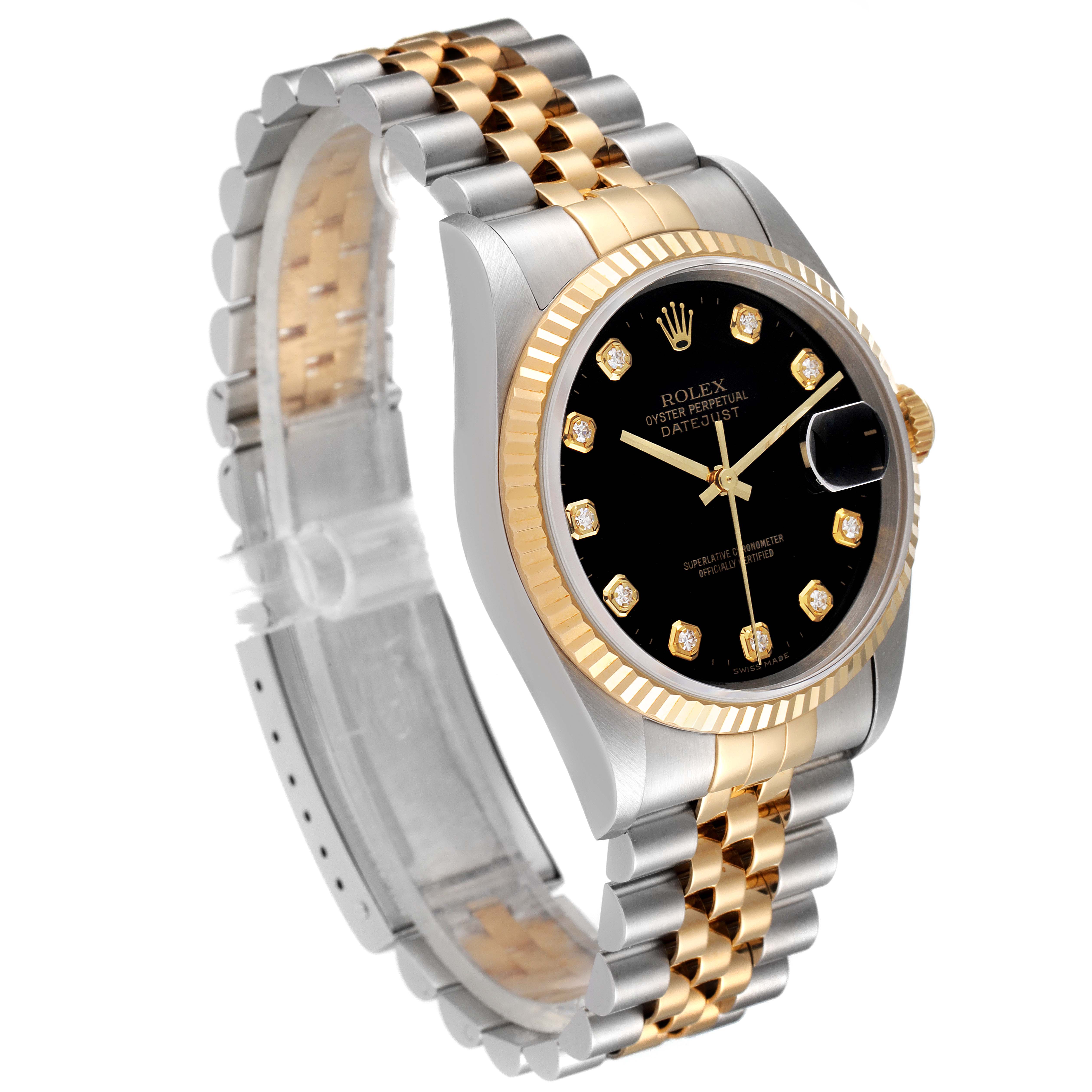 The image shows a Rolex Datejust 16233 Men's Steel and Gold (two tone) Black Dial 16233 Men's Steel and Gold (two tone) Black Dial watch at an angled side view, highlighting the gold and silver bracelet and black dial with diamond markers.