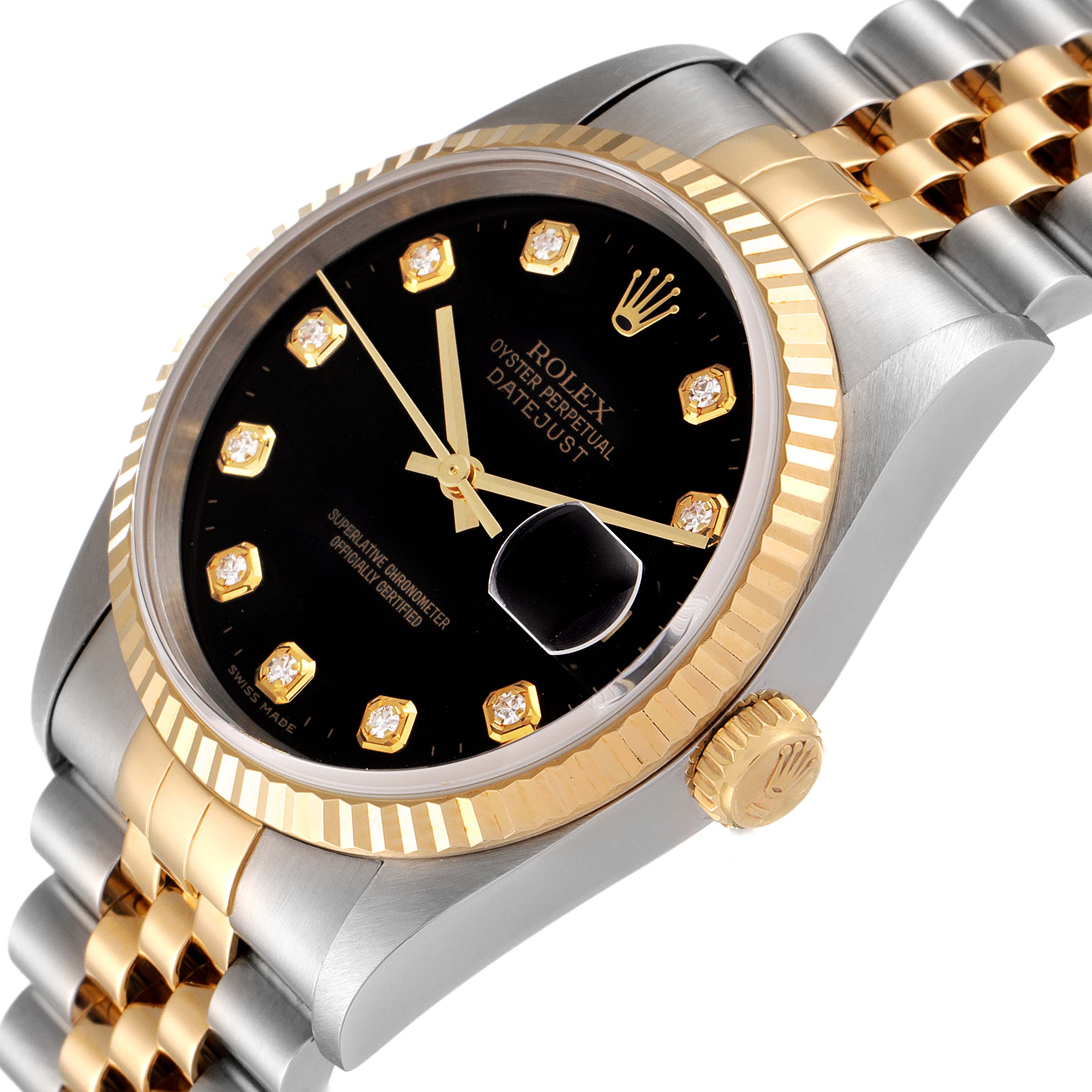 The Rolex Datejust 16233 Men's Steel and Gold (two tone) Black Dial 16233 Men's Steel and Gold (two tone) Black Dial watch is shown at an angled view, highlighting its black dial, gold fluted bezel, and two-tone bracelet.