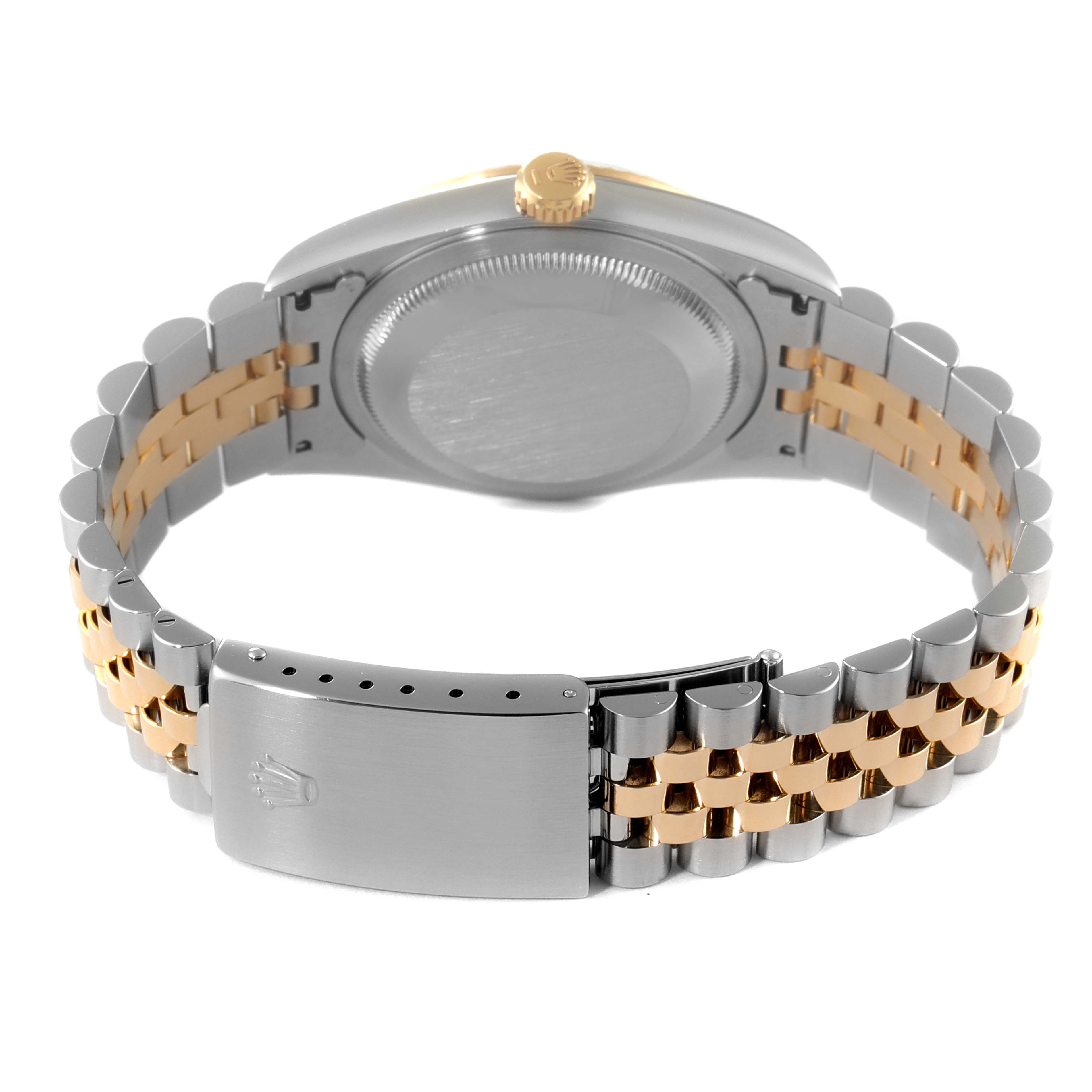 The image shows the back case and bracelet clasp of a Rolex Datejust 16233 Men's Steel and Gold (two tone) Black Dial 16233 Men's Steel and Gold (two tone) Black Dial watch at an angled rear view.