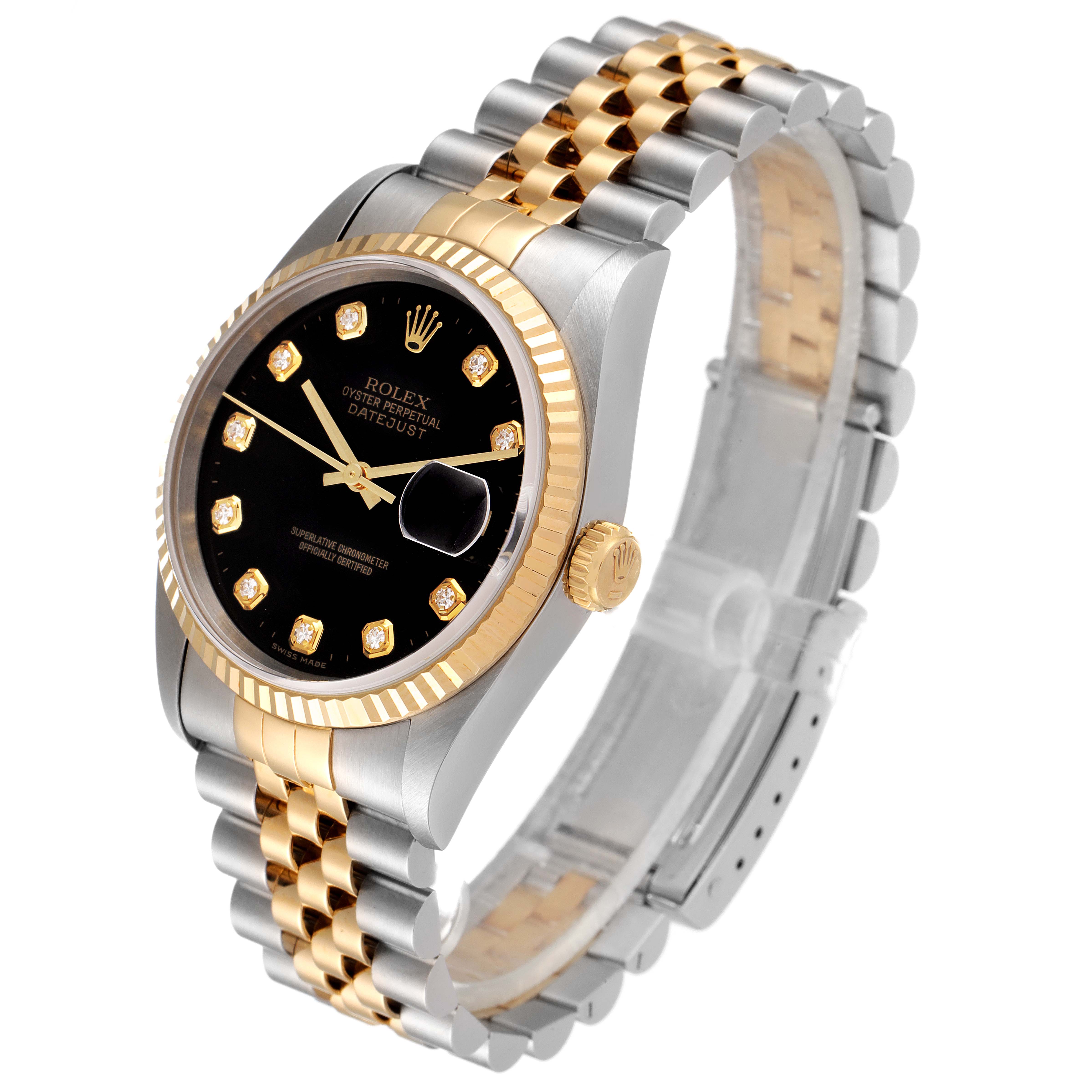 The image shows a Rolex Datejust 16233 Men's Steel and Gold (two tone) Black Dial 16233 Men's Steel and Gold (two tone) Black Dial watch at a three-quarter angle, highlighting its black dial, gold bezel, and two-tone bracelet.