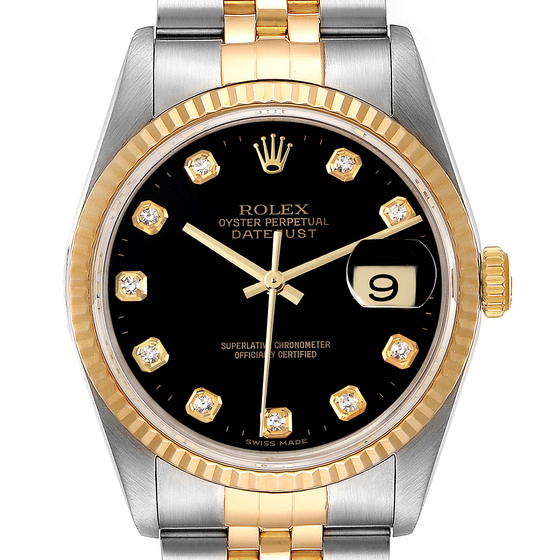 This image shows a front view of the Rolex Datejust 16233 Men's Steel and Gold (two tone) Black Dial 16233 Men's Steel and Gold (two tone) Black Dial watch, highlighting its two-tone bracelet, black dial, and diamond hour markers.