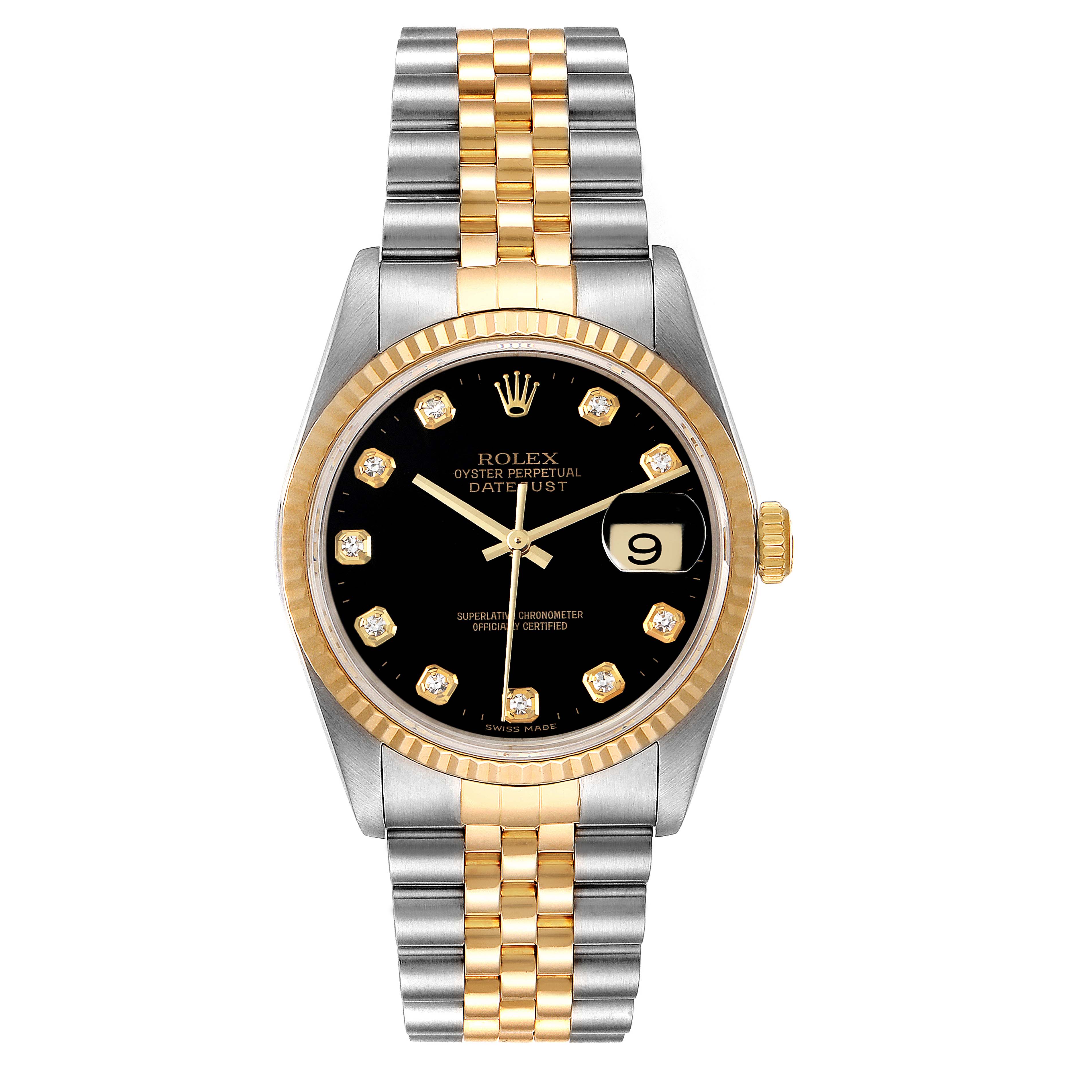 This image shows a Rolex Datejust 16233 Men's Steel and Gold (two tone) Black Dial 16233 Men's Steel and Gold (two tone) Black Dial watch face and bracelet from a front angle, highlighting its gold and silver-tone design.