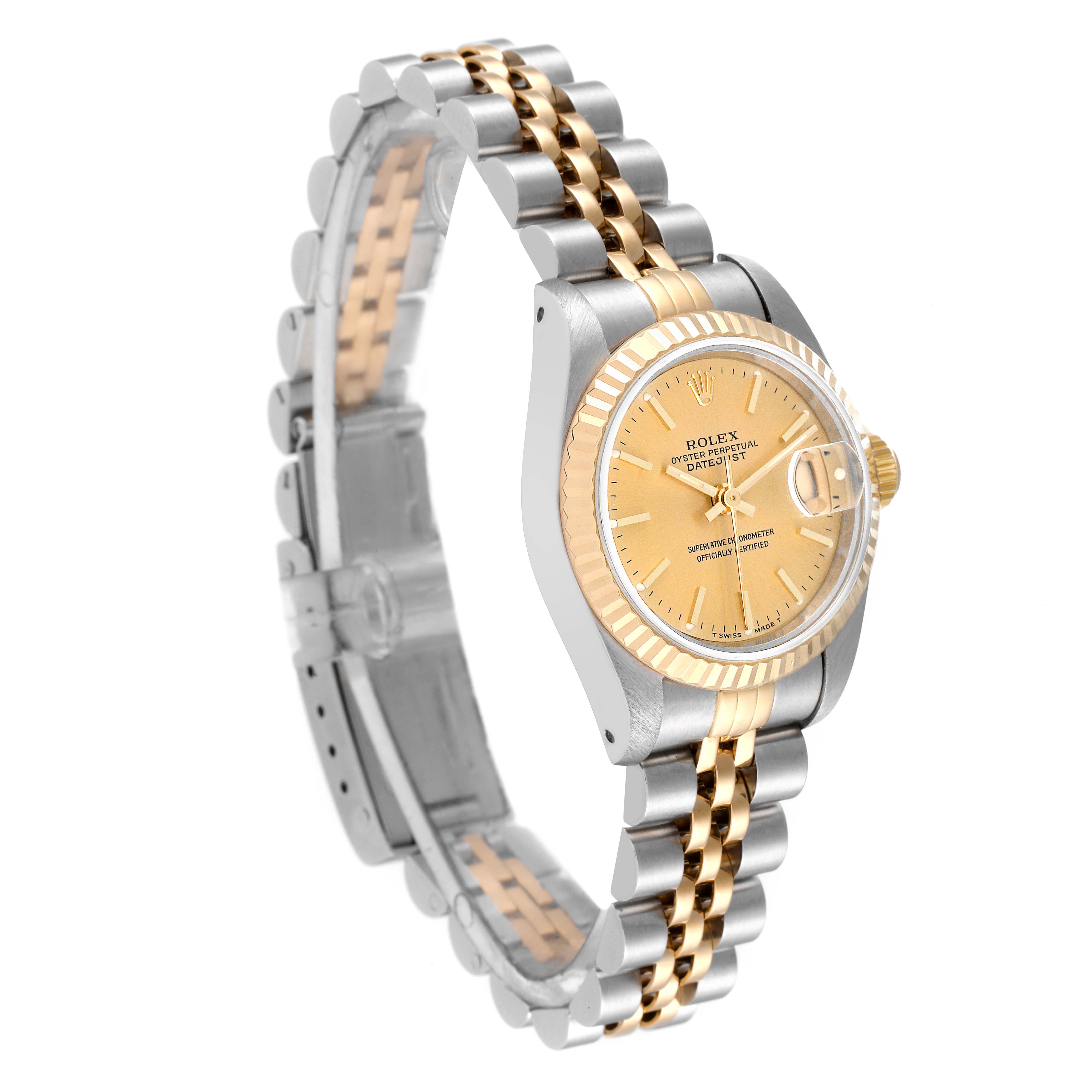 The Rolex Datejust 69173 Women's Steel and Gold (two tone) Champagne Dial 69173 Women's Steel and Gold (two tone) Champagne Dial watch is shown at a three-quarter angle, revealing its champagne dial, fluted bezel, and two-tone bracelet.