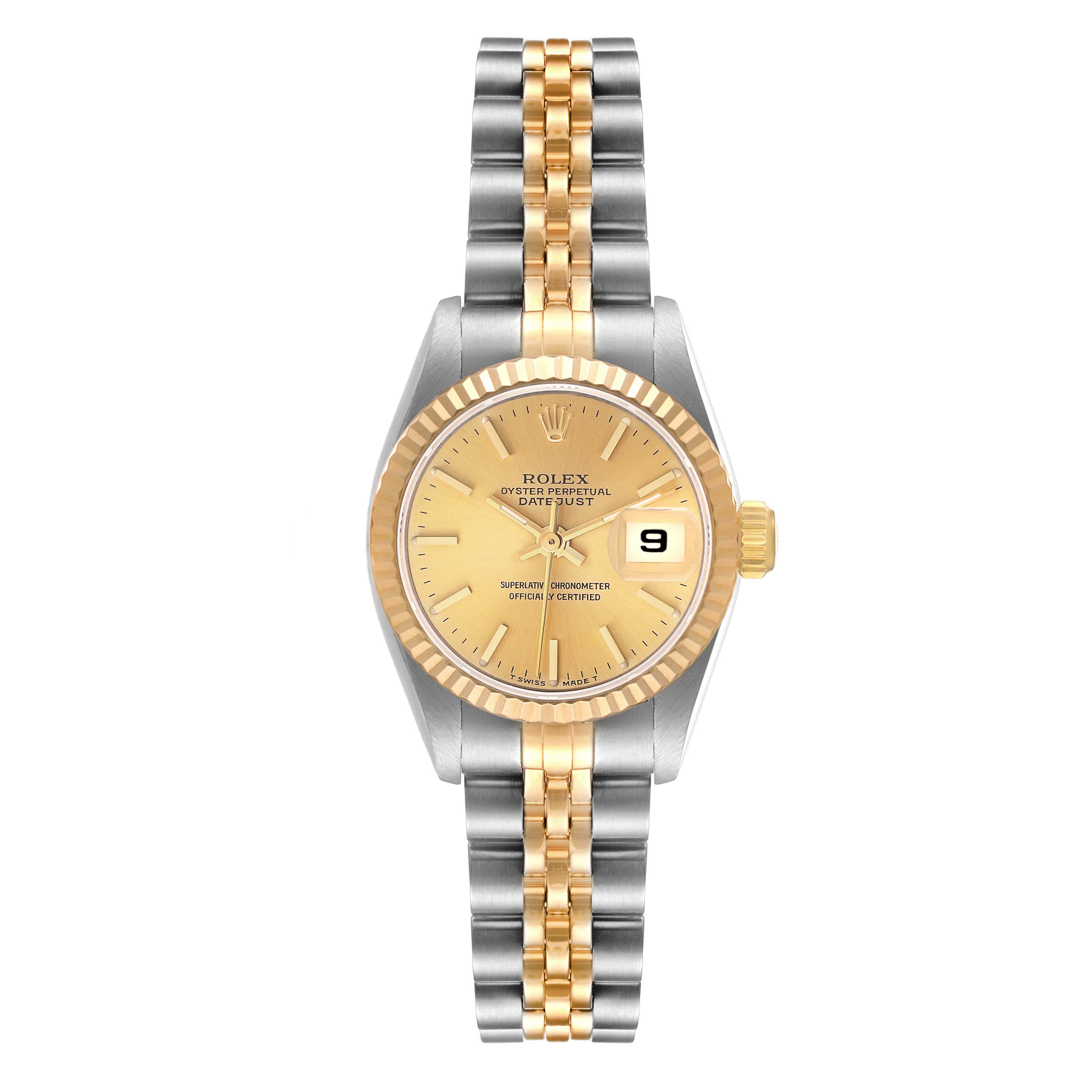 The image shows a Rolex Datejust 69173 Women's Steel and Gold (two tone) Champagne Dial 69173 Women's Steel and Gold (two tone) Champagne Dial watch from a straight-on angle, highlighting the dial, bezel, and two-tone bracelet.