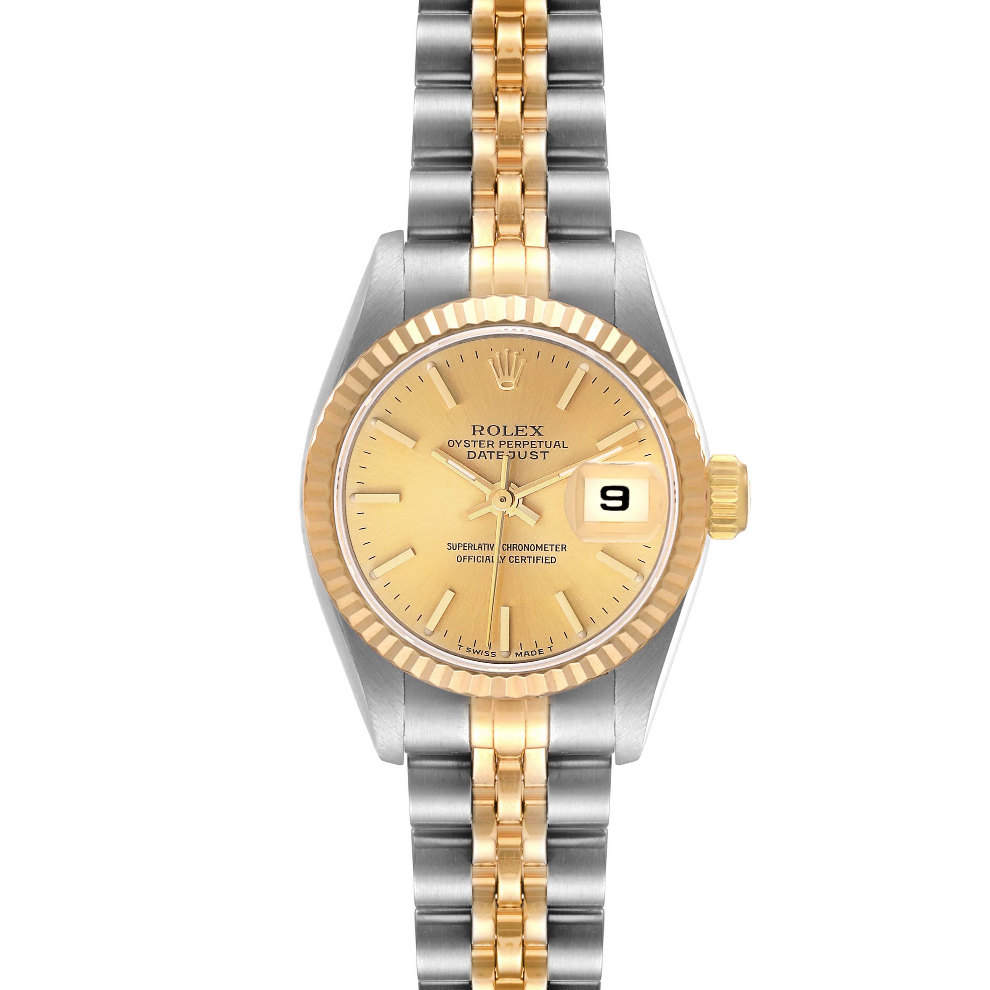 The image shows a front view of a Rolex Datejust 69173 Women's Steel and Gold (two tone) Champagne Dial 69173 Women's Steel and Gold (two tone) Champagne Dial watch with a two-tone metal band and a date window.